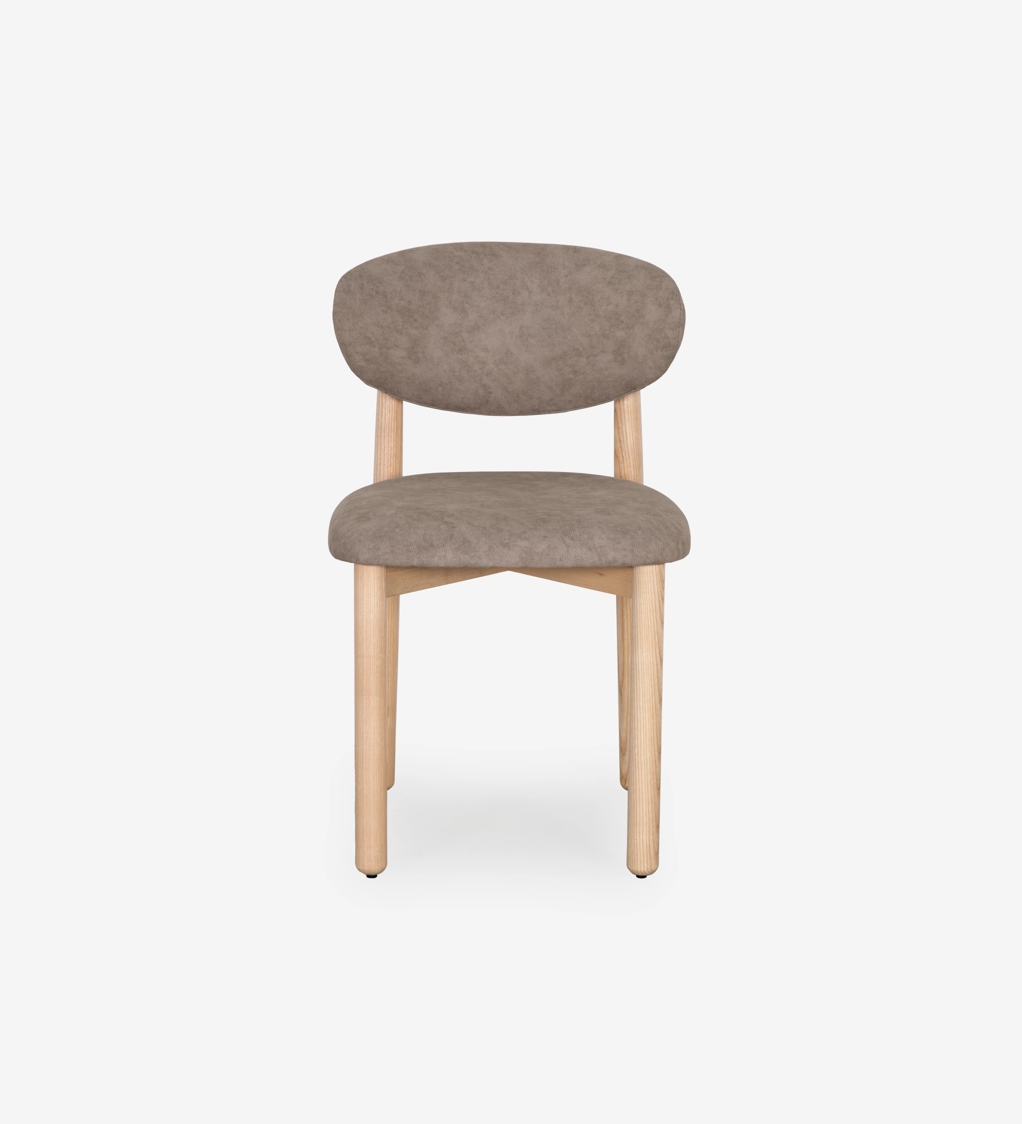 Chair in natural ash wood, with seat and backrest upholstered in toffee fabric.