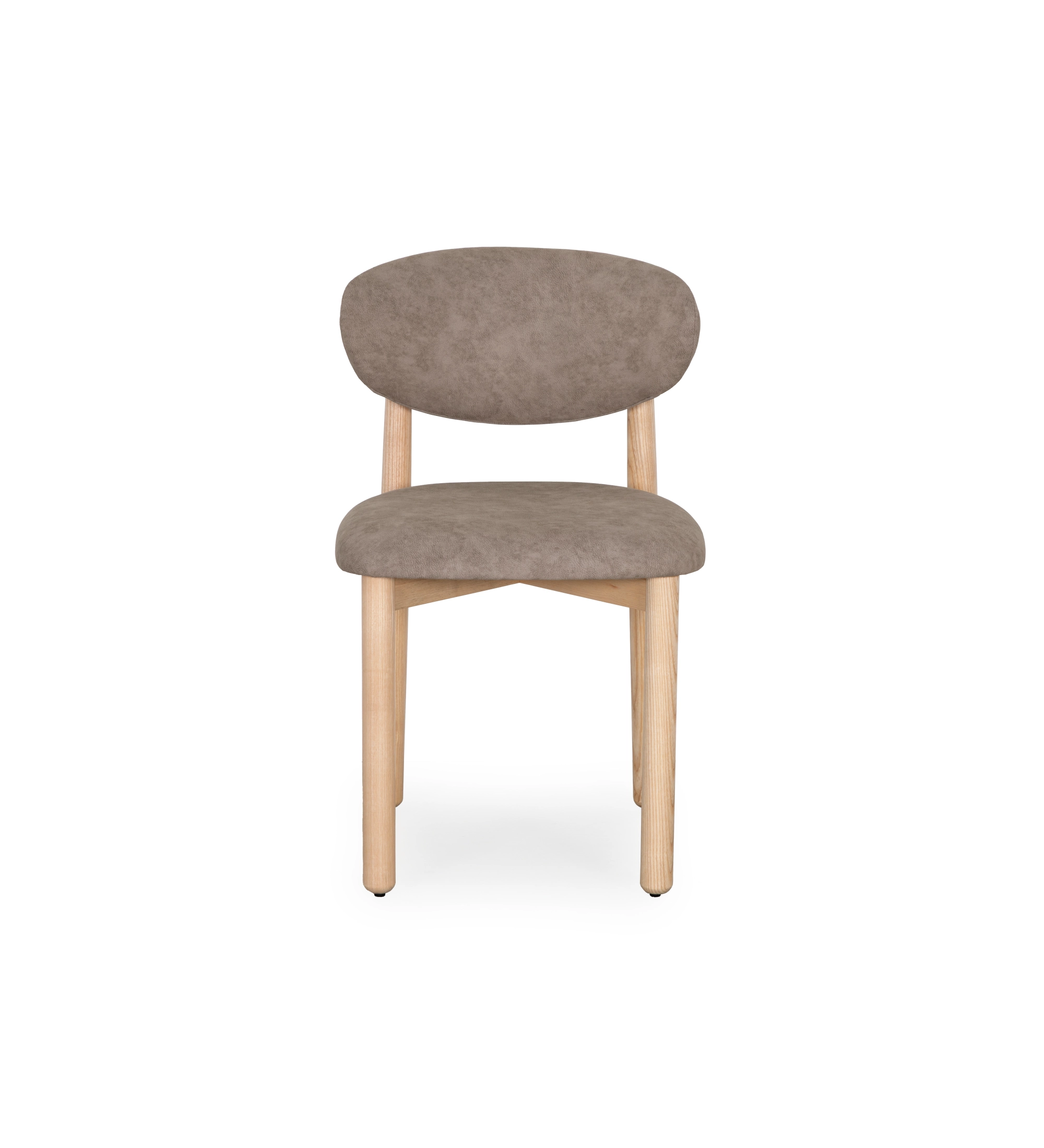 Silla de madera de fresno en color natural, con asiento y respaldo tapizados en tejido toffee.