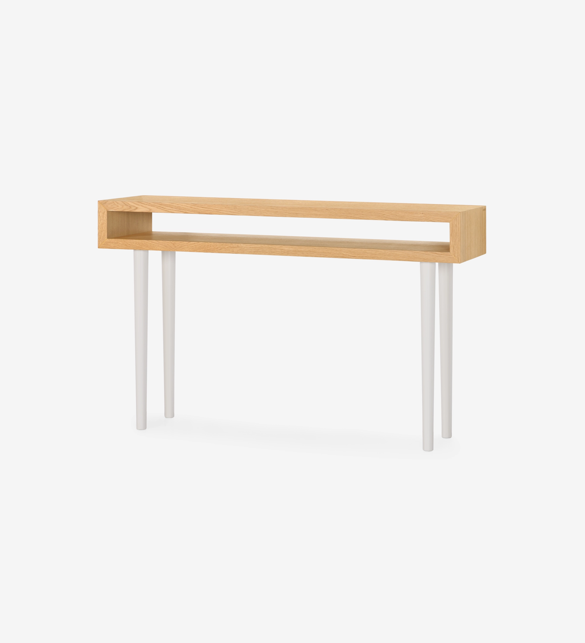 Consola de madeira natural e pés lacados a pérola, design elegante e moderno