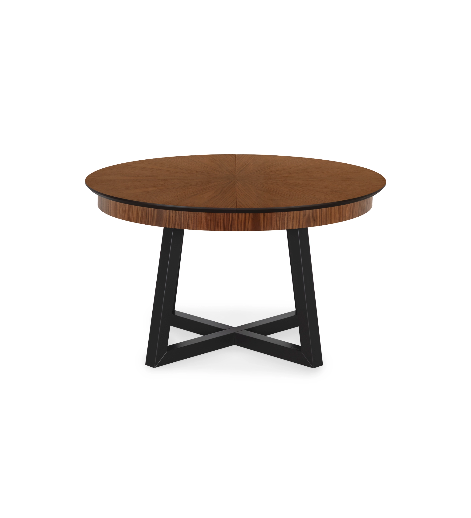 Mesa de comedor redonda extensible con tablero en nogal natural y pies lacados negro.