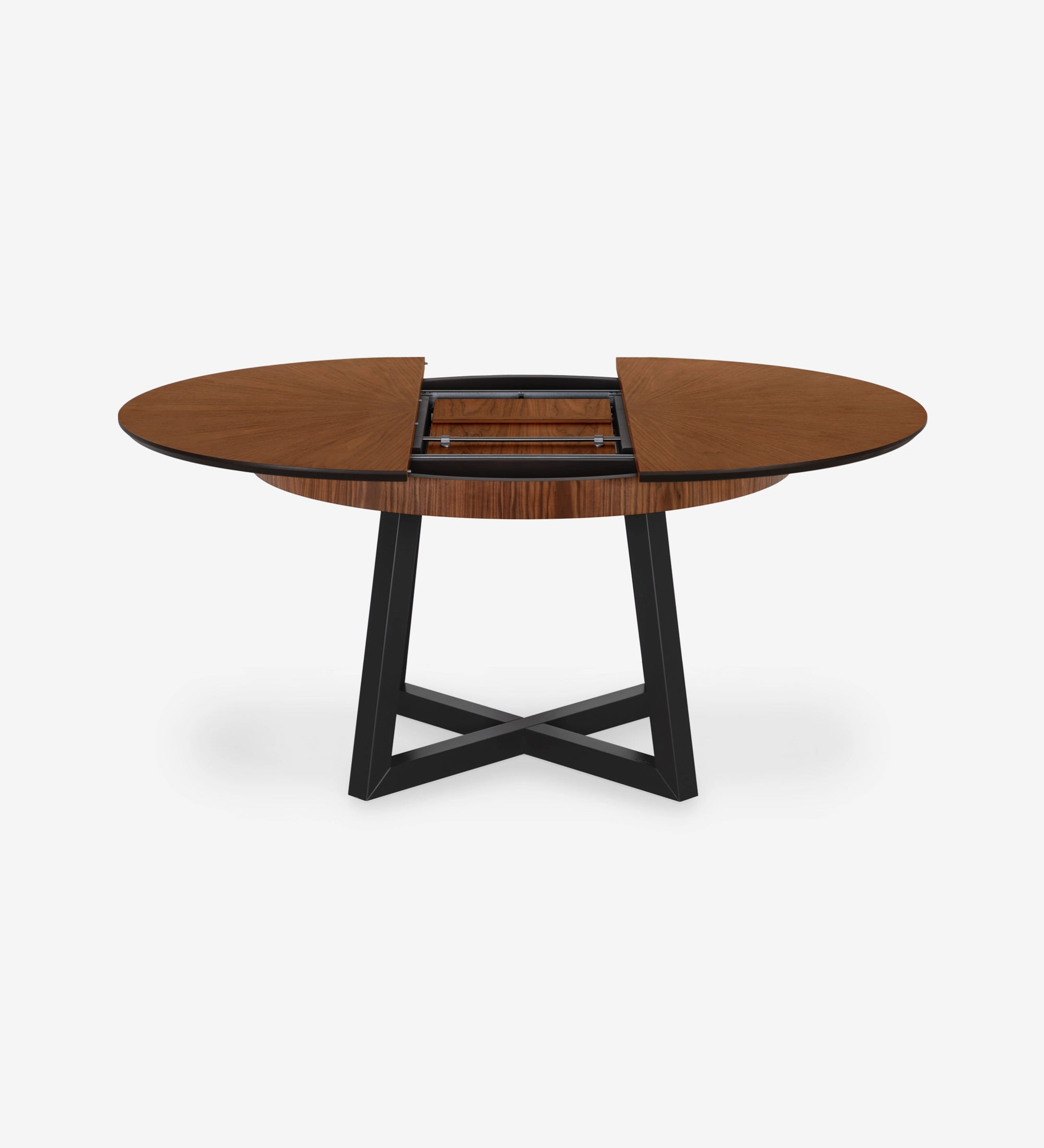 Round extendable dining table with natural walnut top and black lacquered legs.