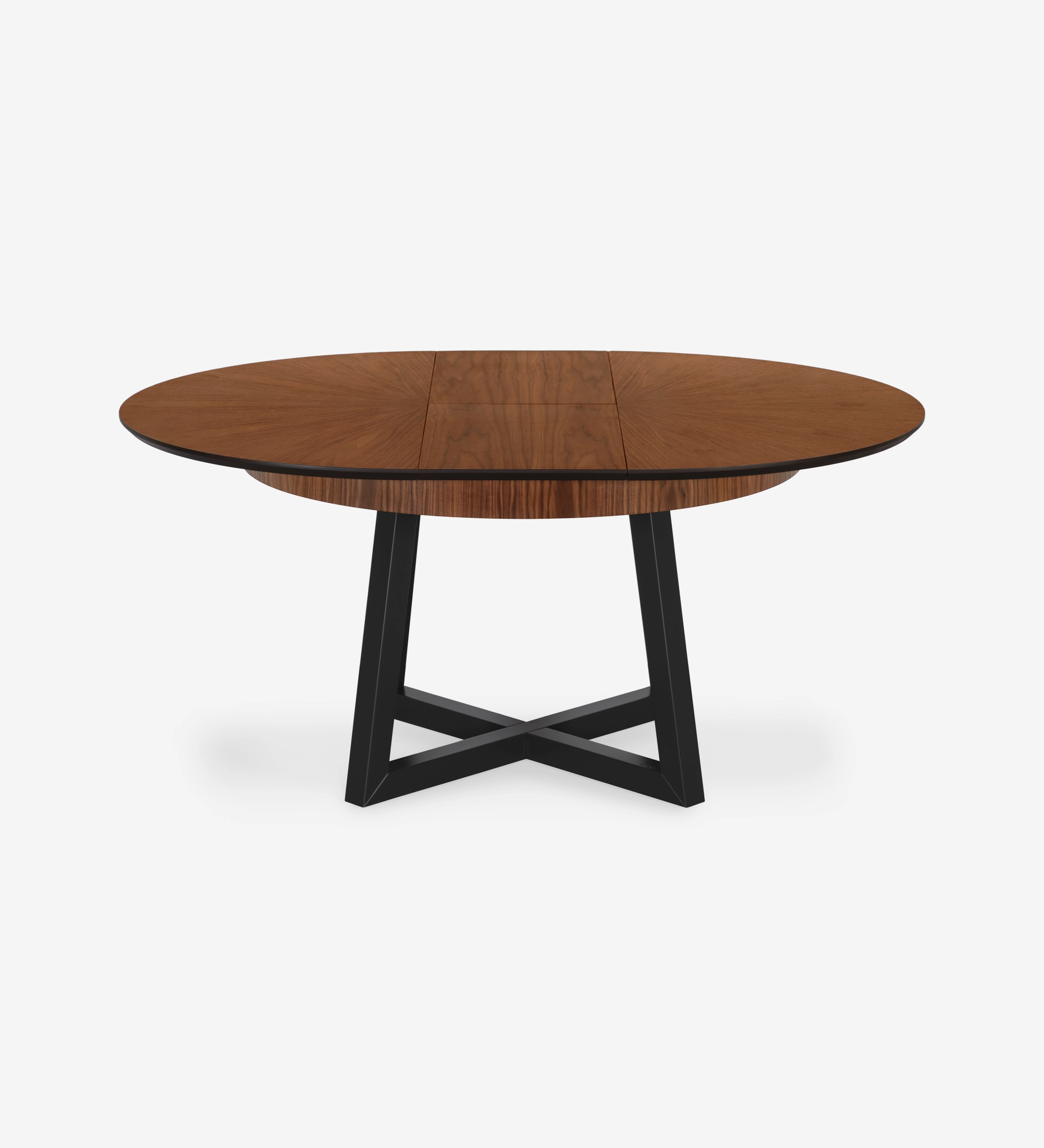 Round extendable dining table with natural walnut top and black lacquered legs.