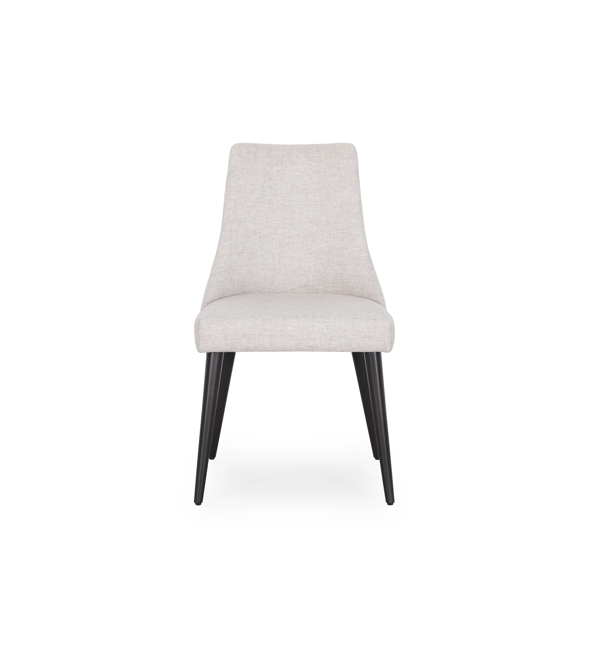 Chaise Oslo rembourré en tissu gris clair, pieds laqués noir.