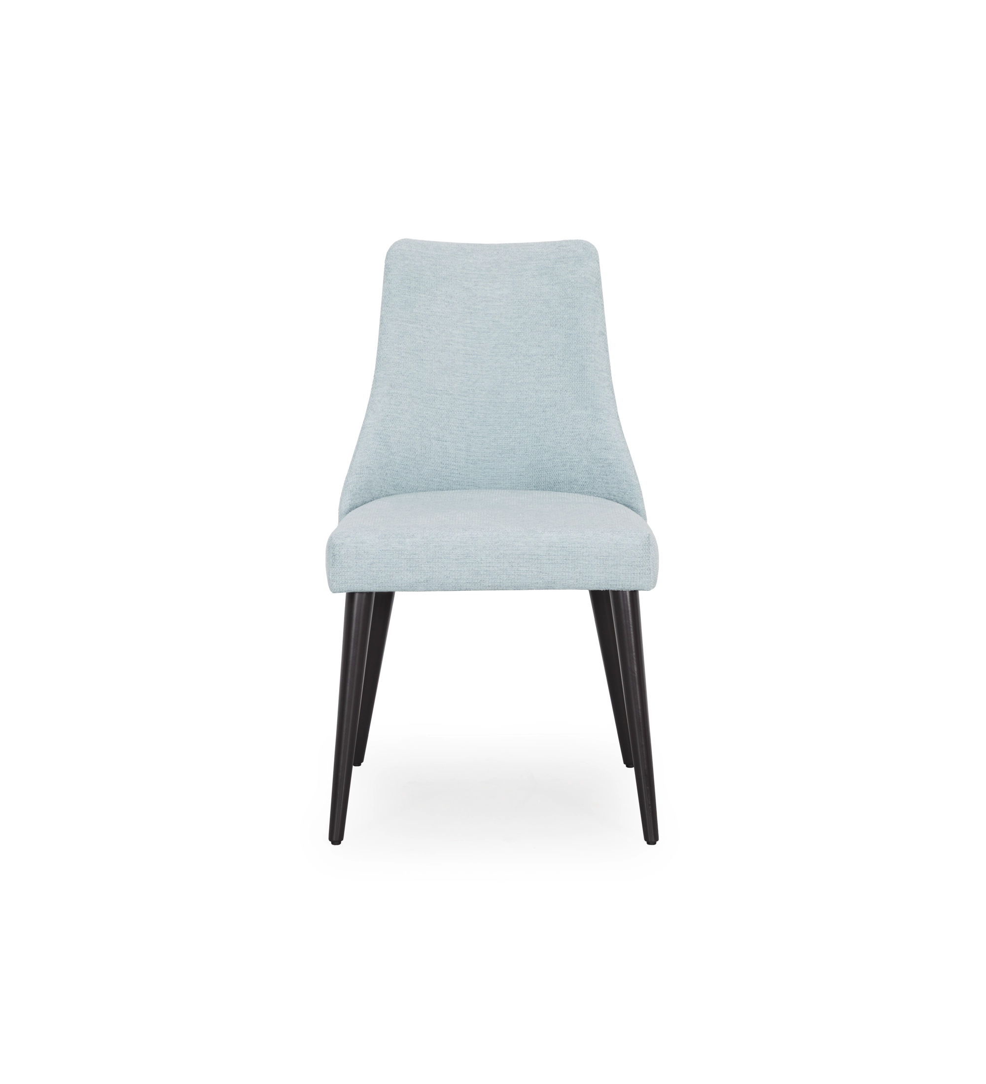 Silla Oslo tapizada en tela azul, pies lacados enegro.