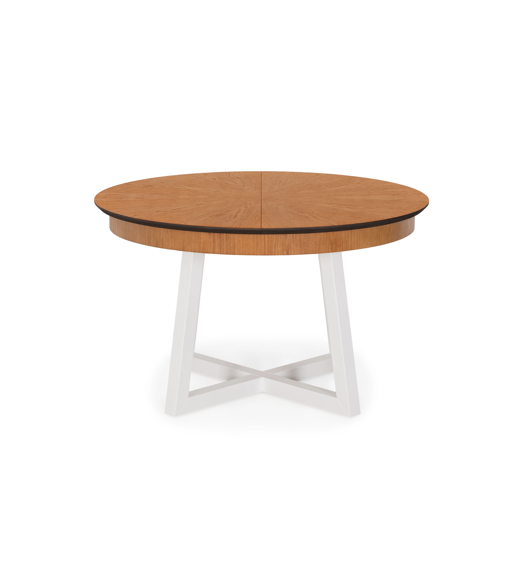 Mesa de comedor redonda extensible con tablero de roble miel y patas lacadas en perla.