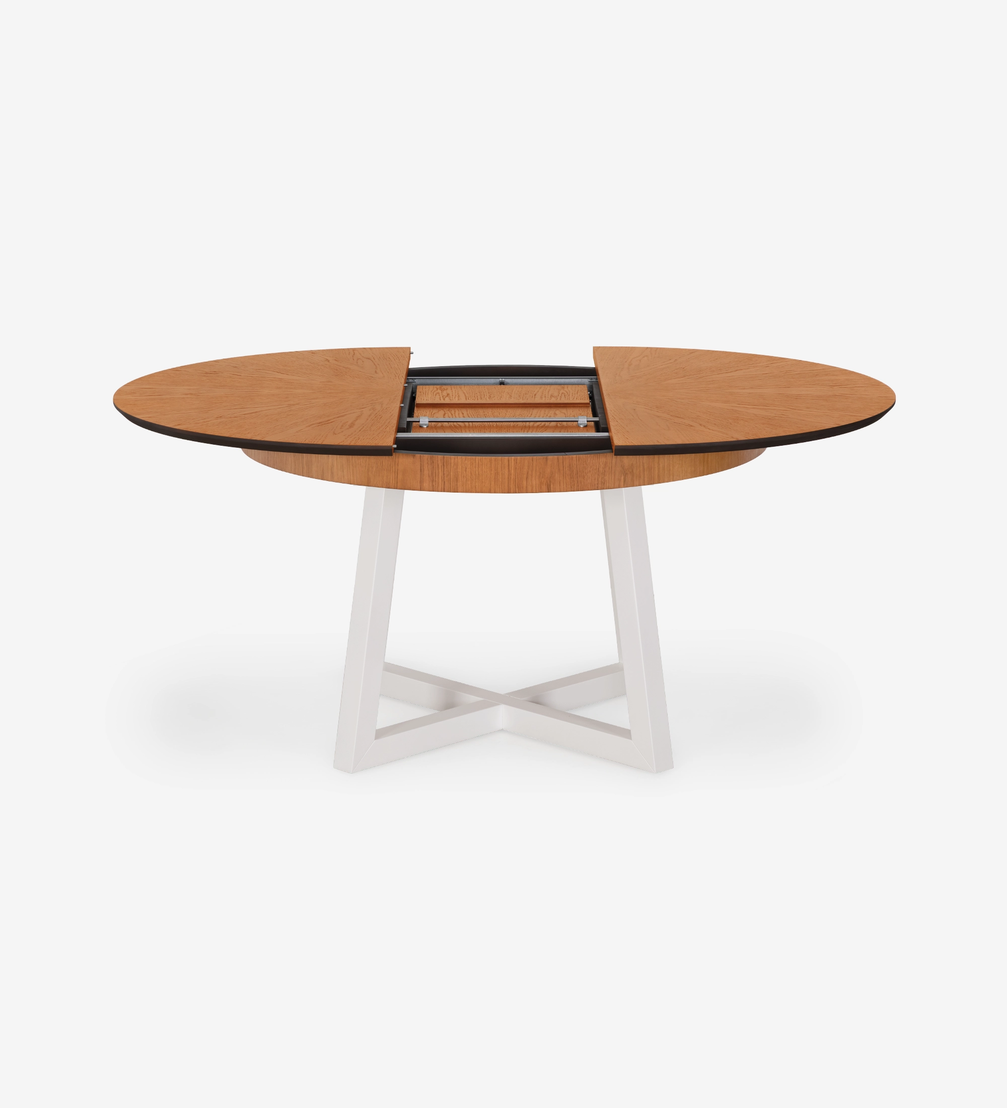 Mesa de comedor redonda extensible con tablero de roble miel y patas lacadas en perla.