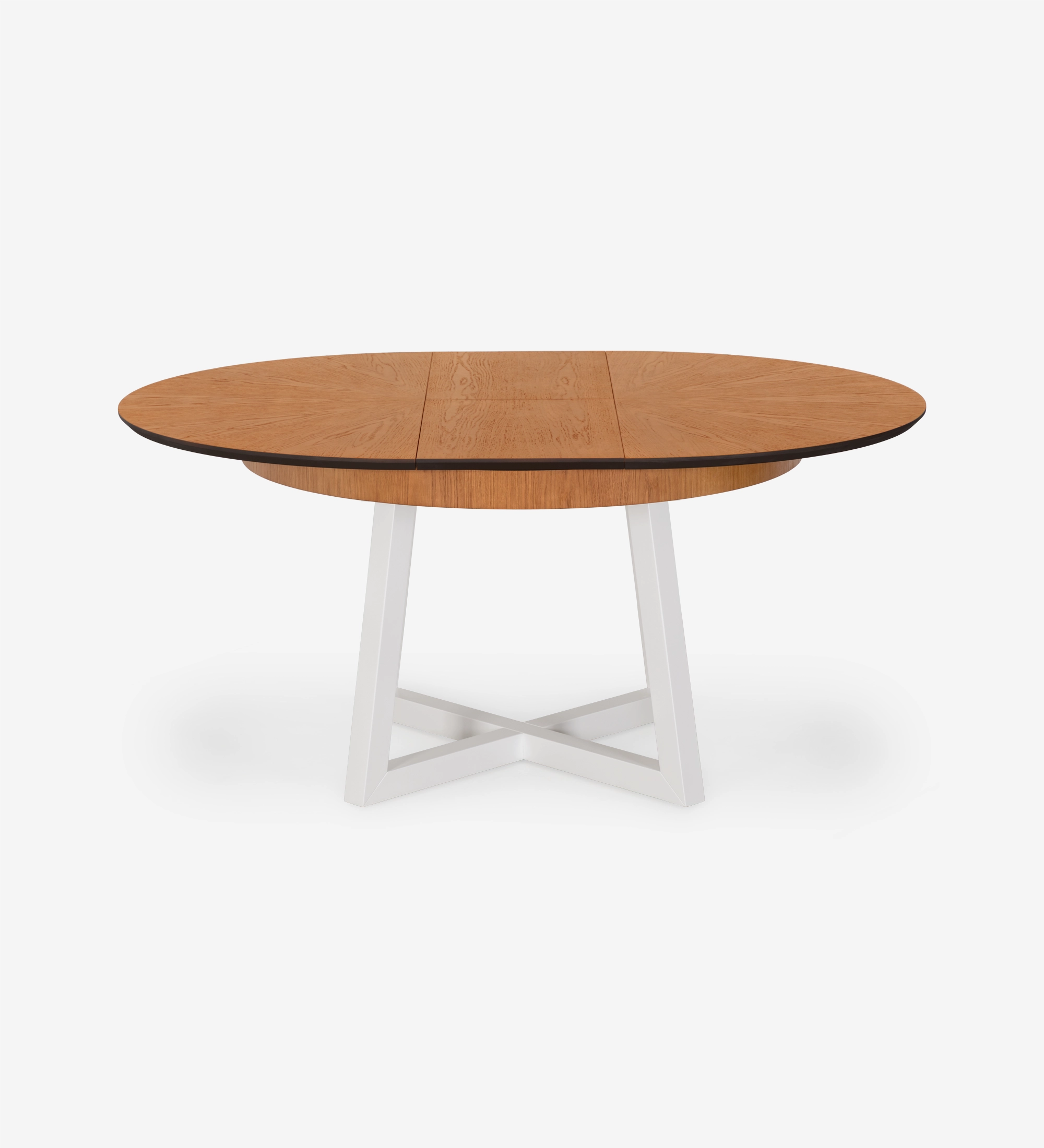 Mesa de comedor redonda extensible con tablero de roble miel y patas lacadas en perla.