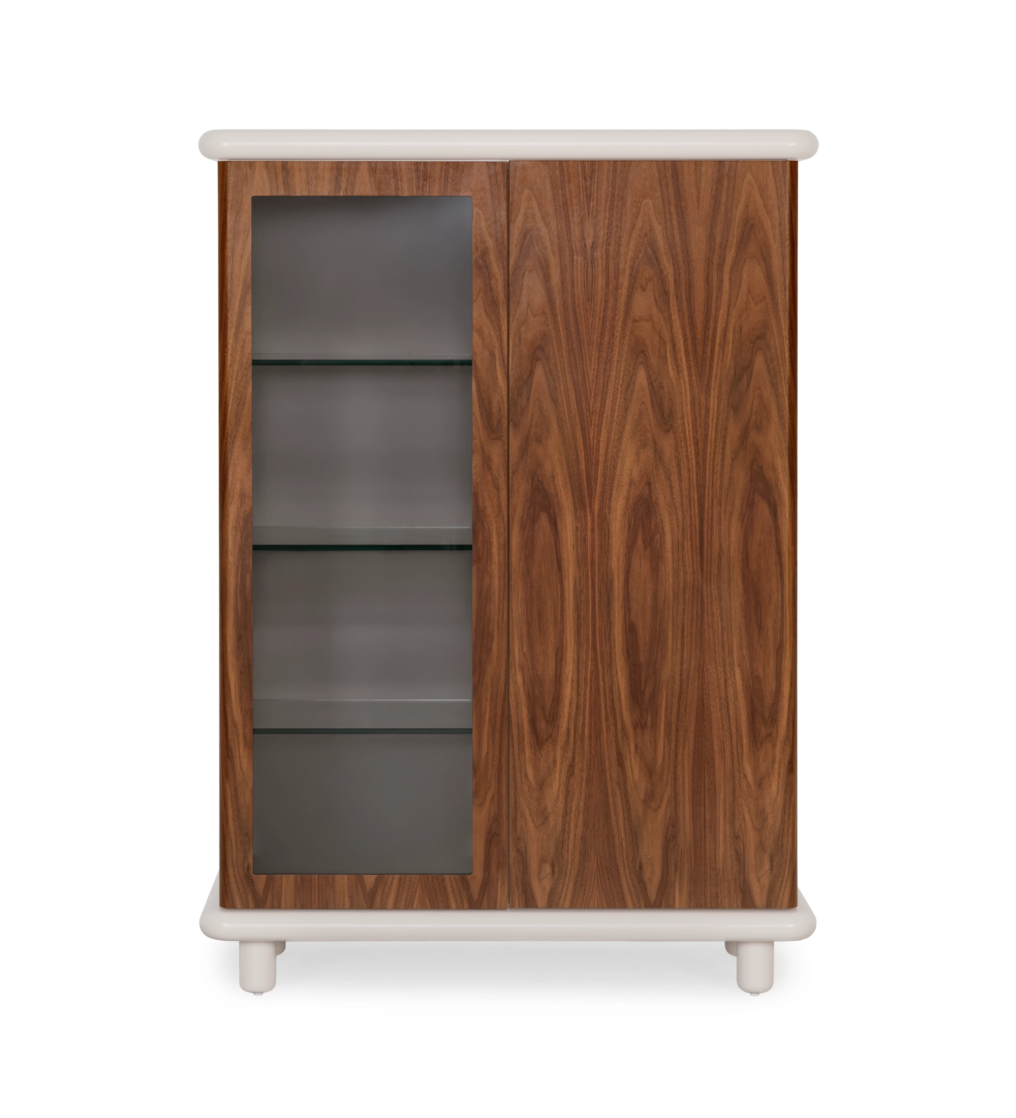 Showcase with lighting and sensor, 2 doors in natural walnut, pearl structure.
