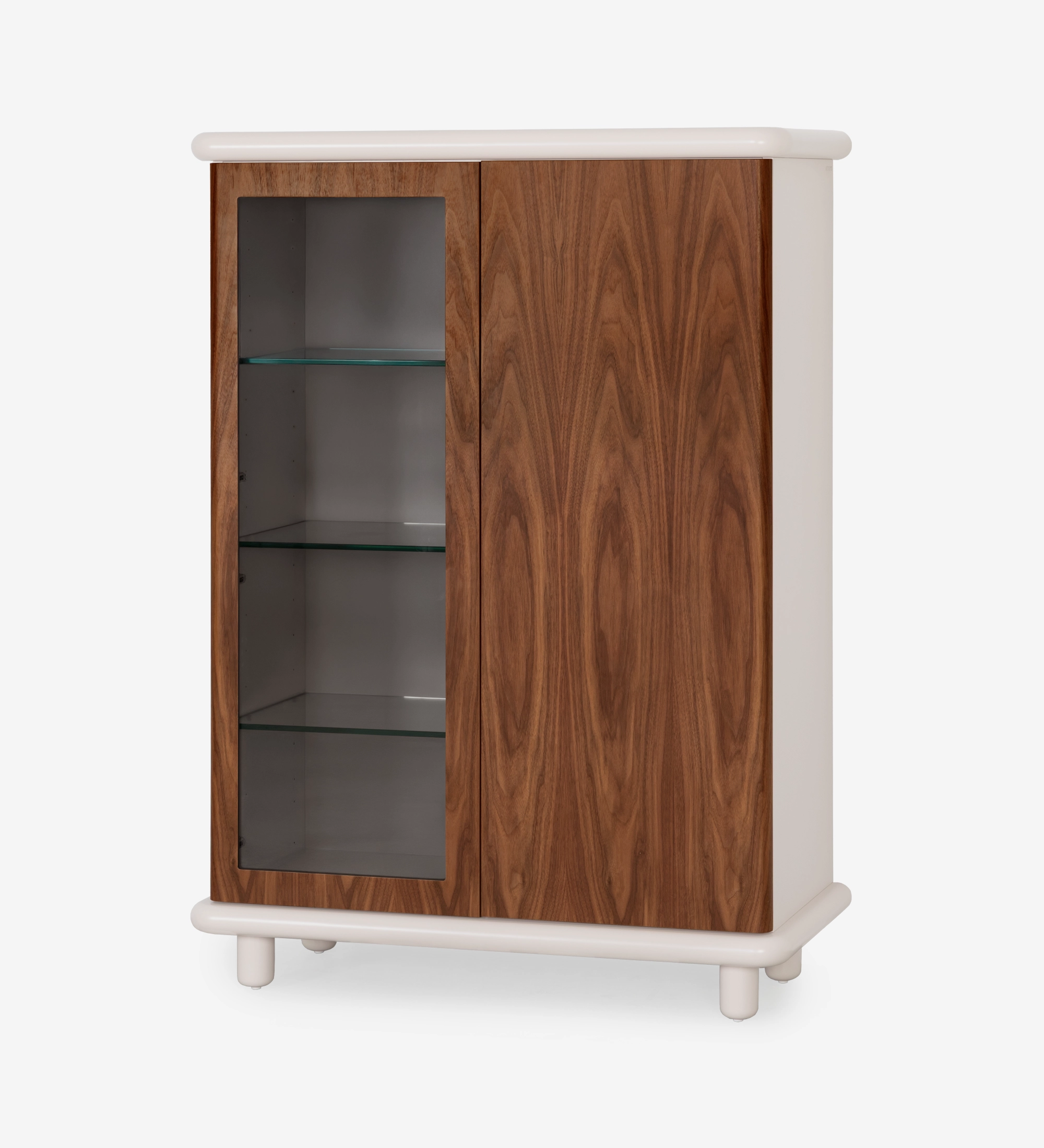 Showcase with lighting and sensor, 2 doors in natural walnut, pearl structure.