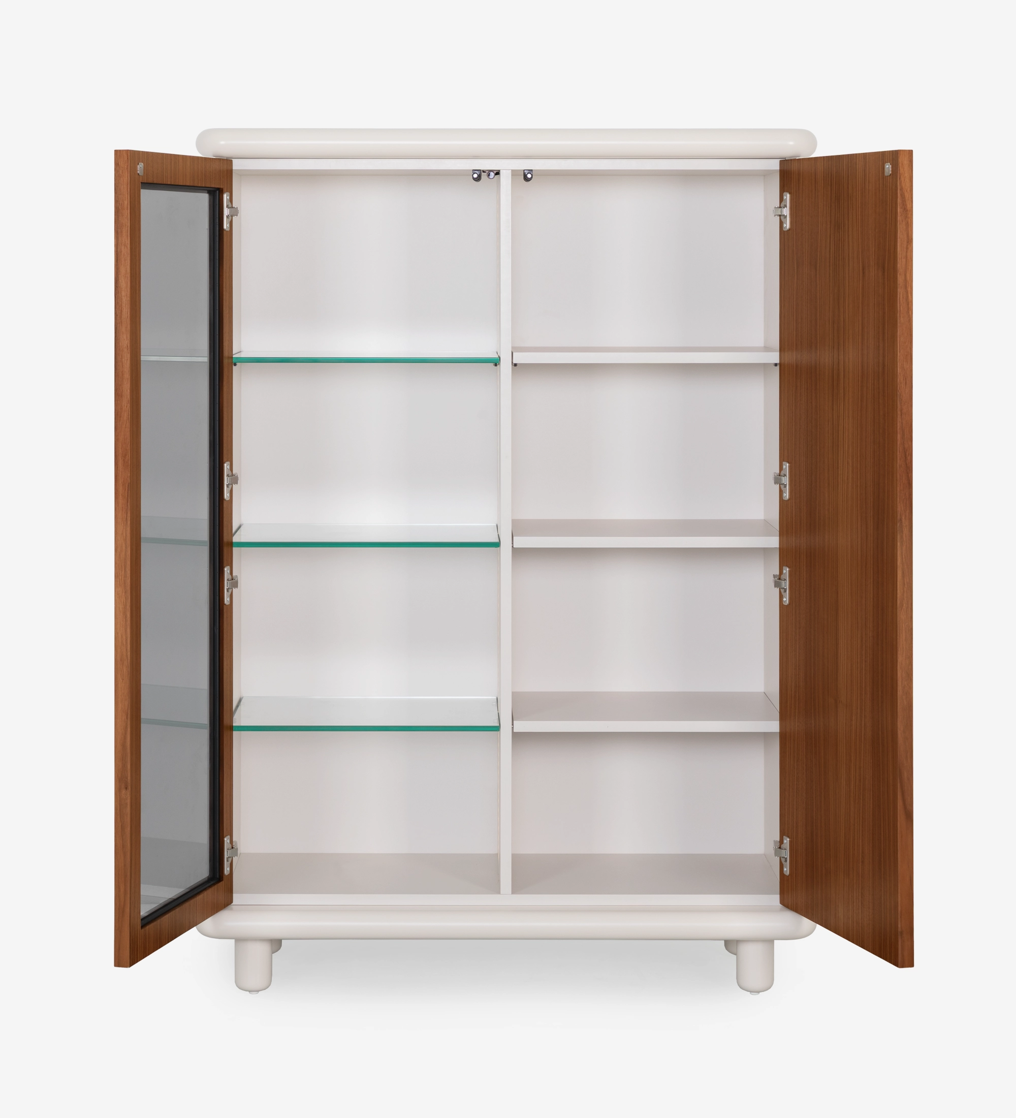Showcase with lighting and sensor, 2 doors in natural walnut, pearl structure.