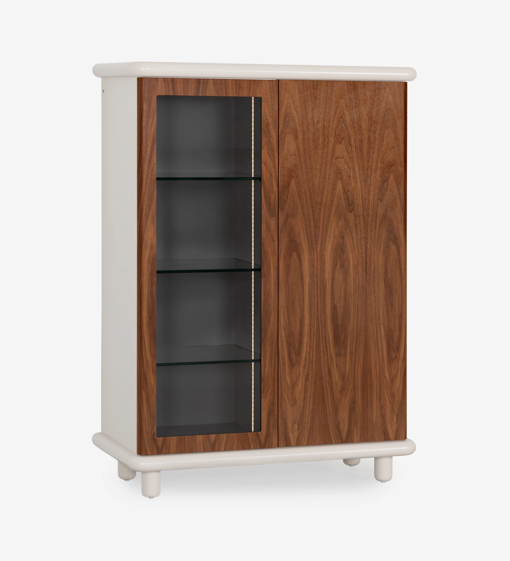 Showcase with lighting and sensor, 2 doors in natural walnut, pearl structure.
