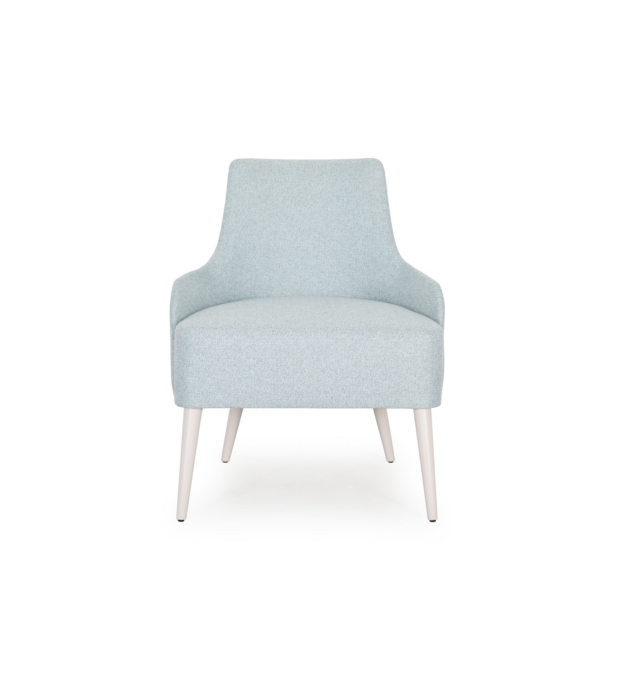Fauteuil Oslo recouvert en tissu bleu, pieds laqués perle.