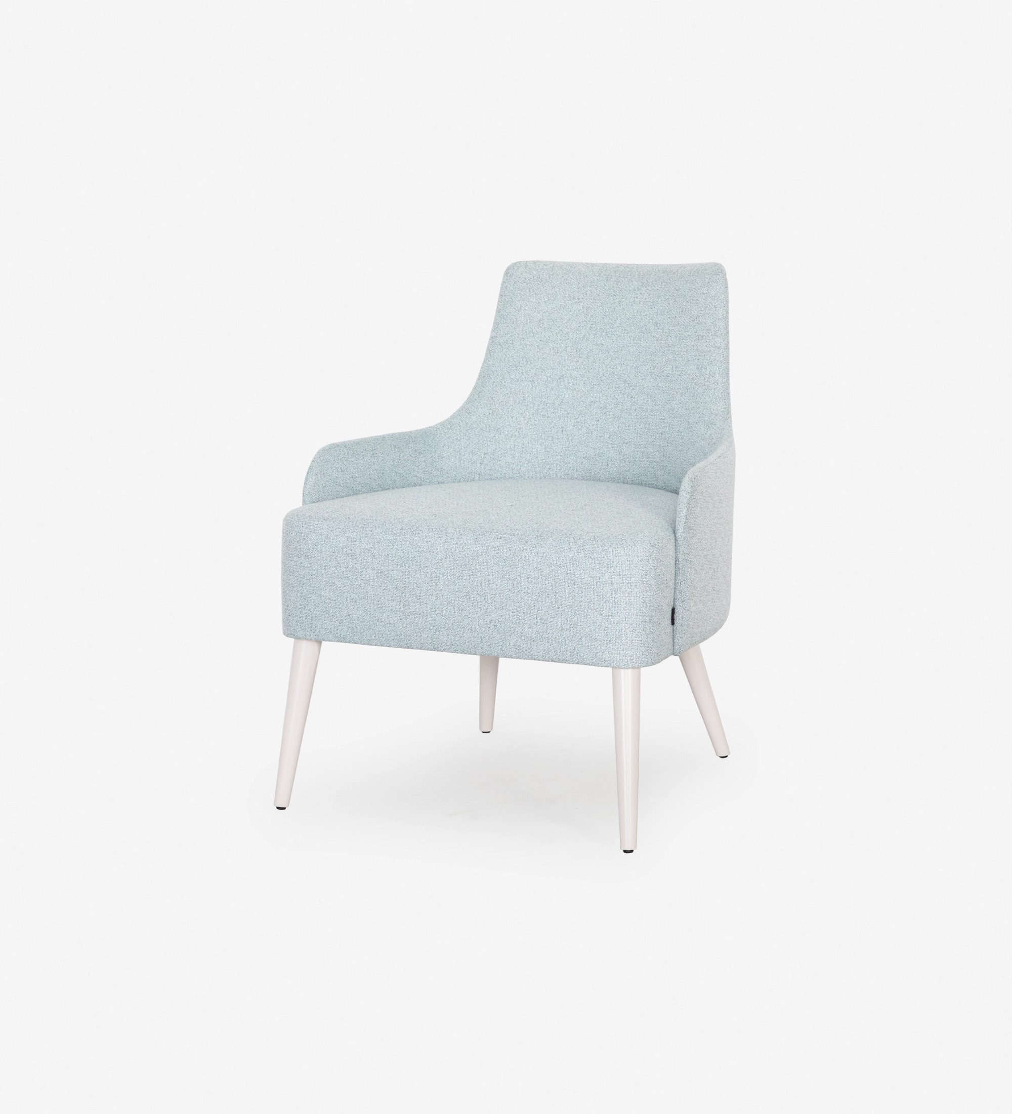 Oslo armchair upholstered in blue fabric, pearl lacquered feet.