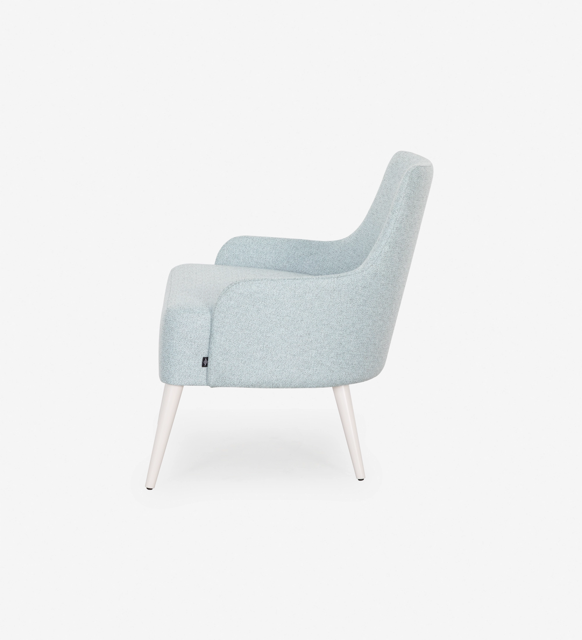 Oslo armchair upholstered in blue fabric, pearl lacquered feet.