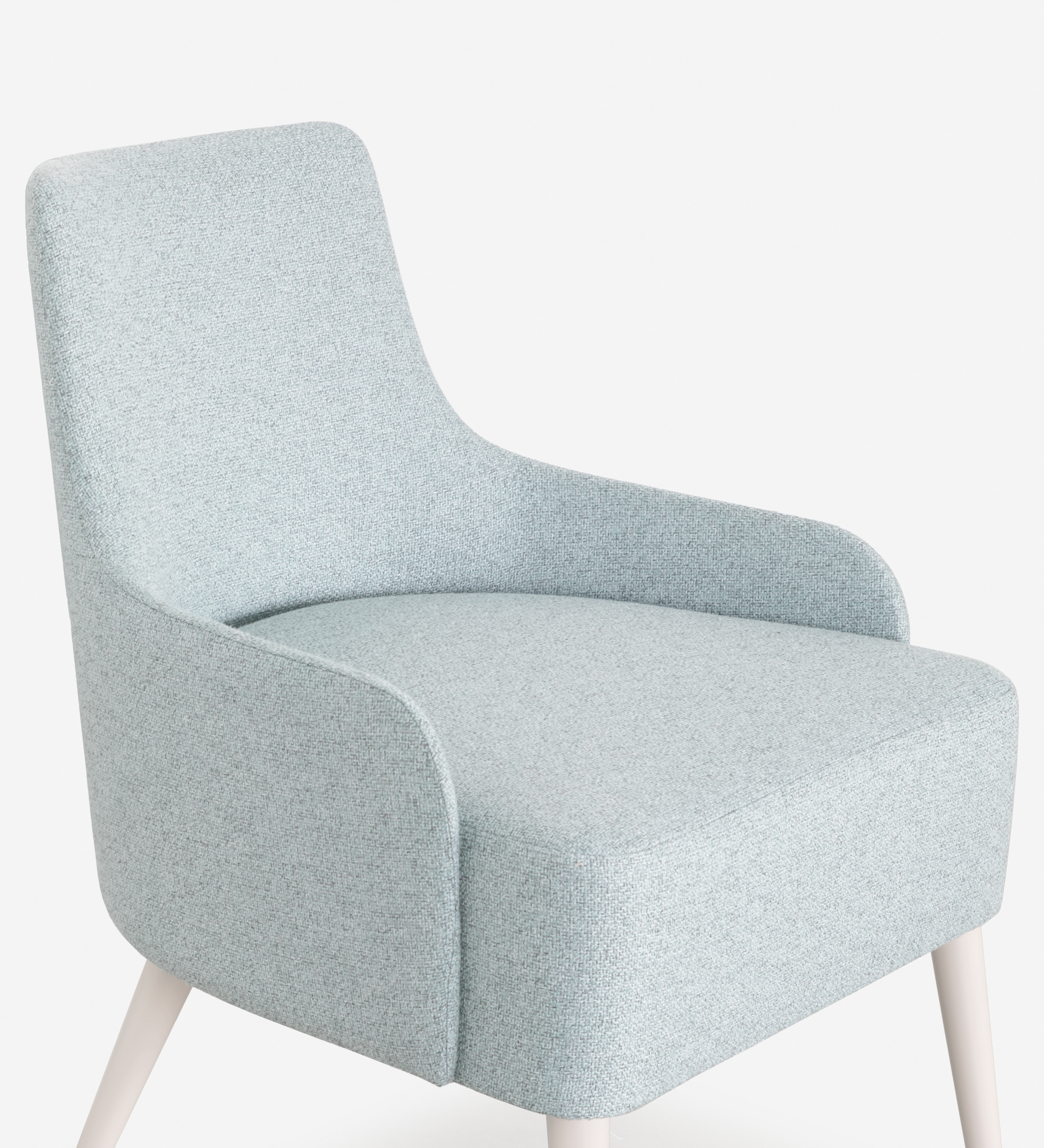 Oslo armchair upholstered in blue fabric, pearl lacquered feet.