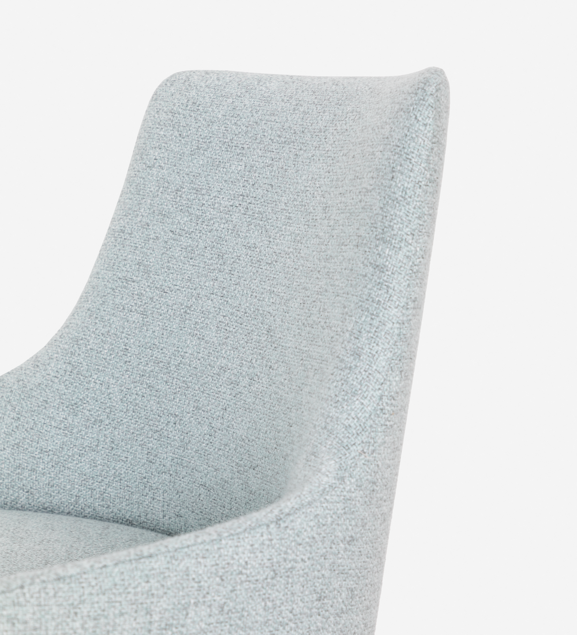Oslo armchair upholstered in blue fabric, pearl lacquered feet.
