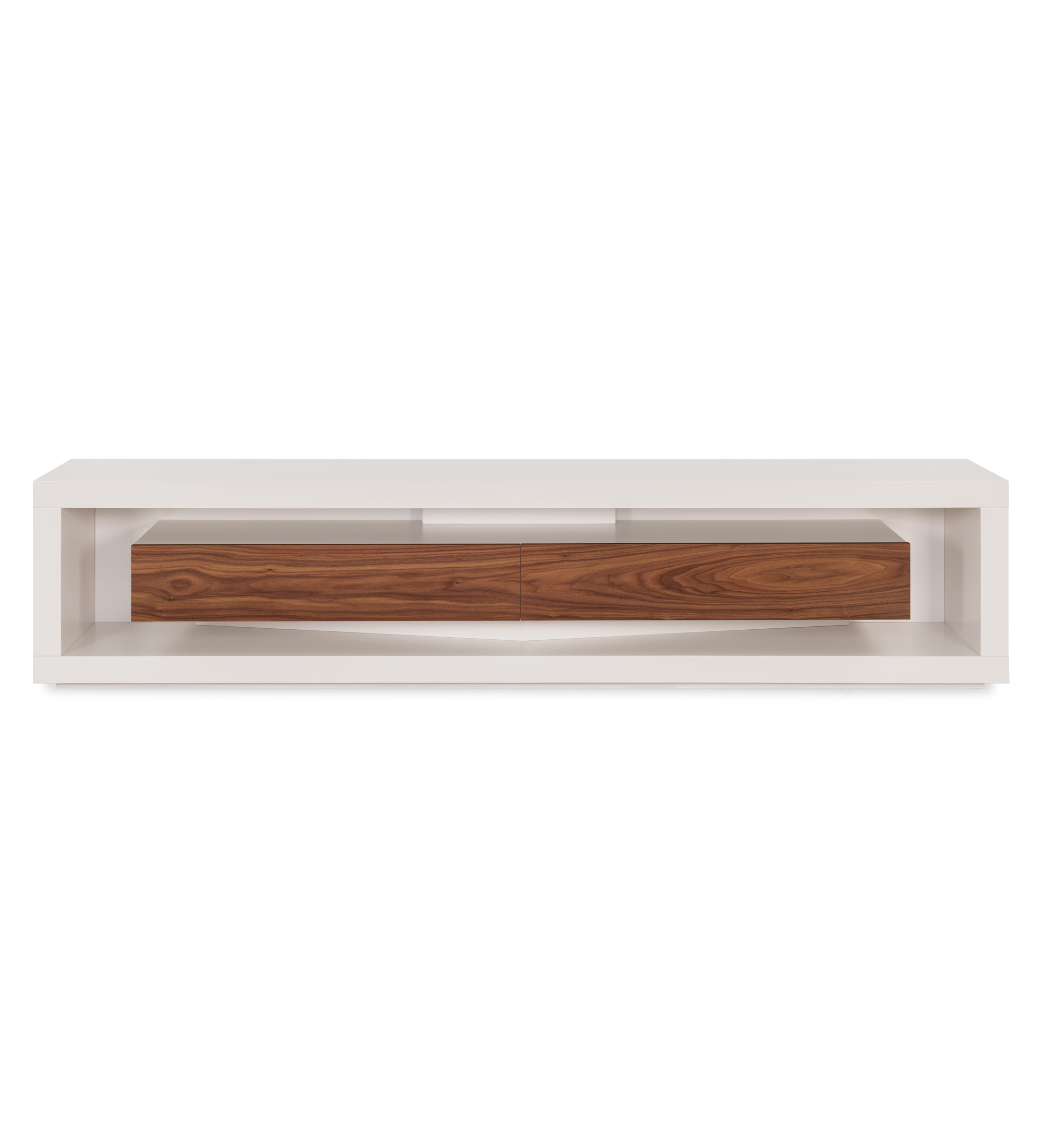 Londres TV stand pearl lacquered structure and drawer module, natural walnut drawers, 250 x 56 cm.