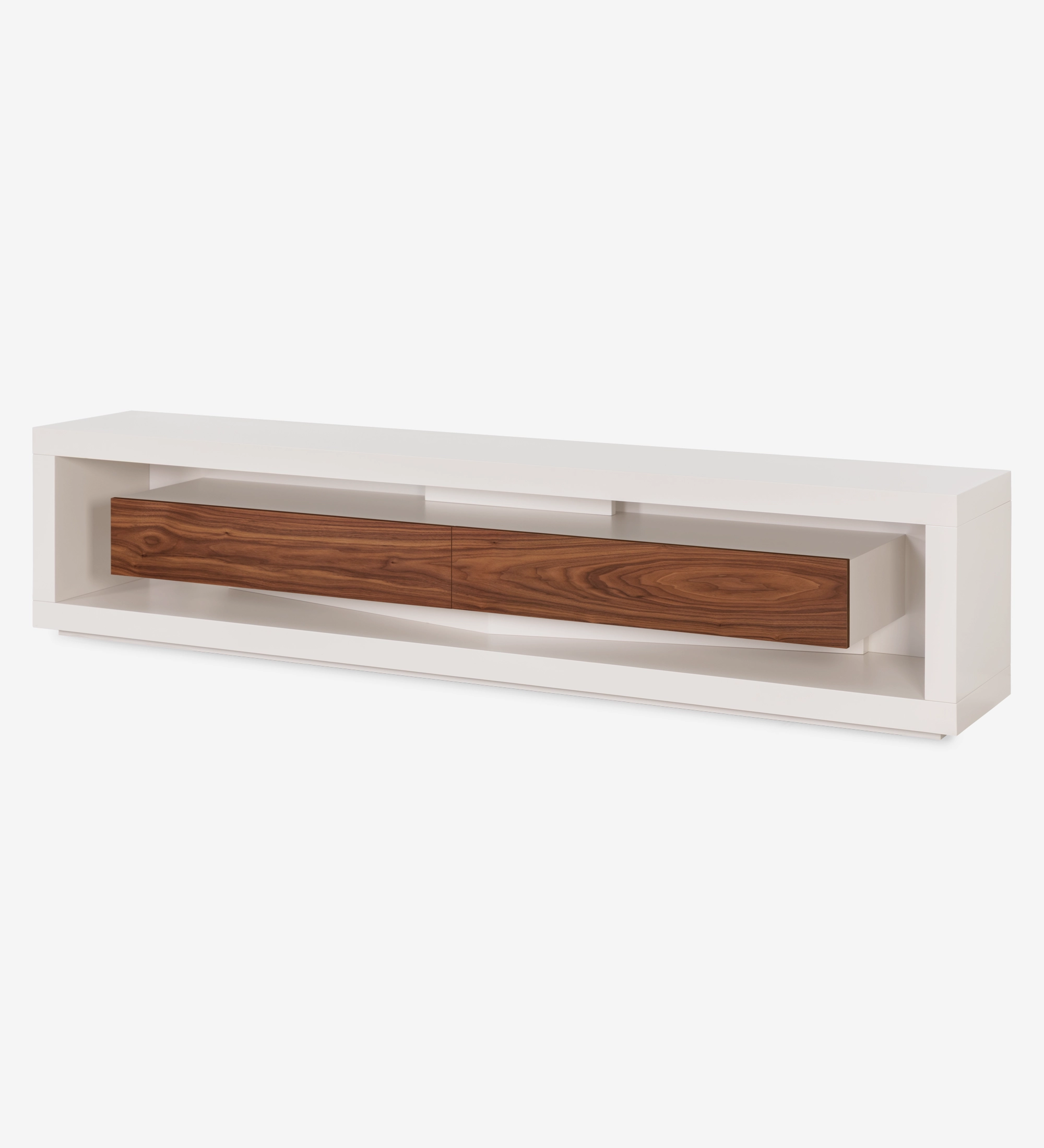 Móvel TV Londres com estrutura e módulo de gavetas lacados pérola, gavetas em nogueira natural, 250 x 56 cm.