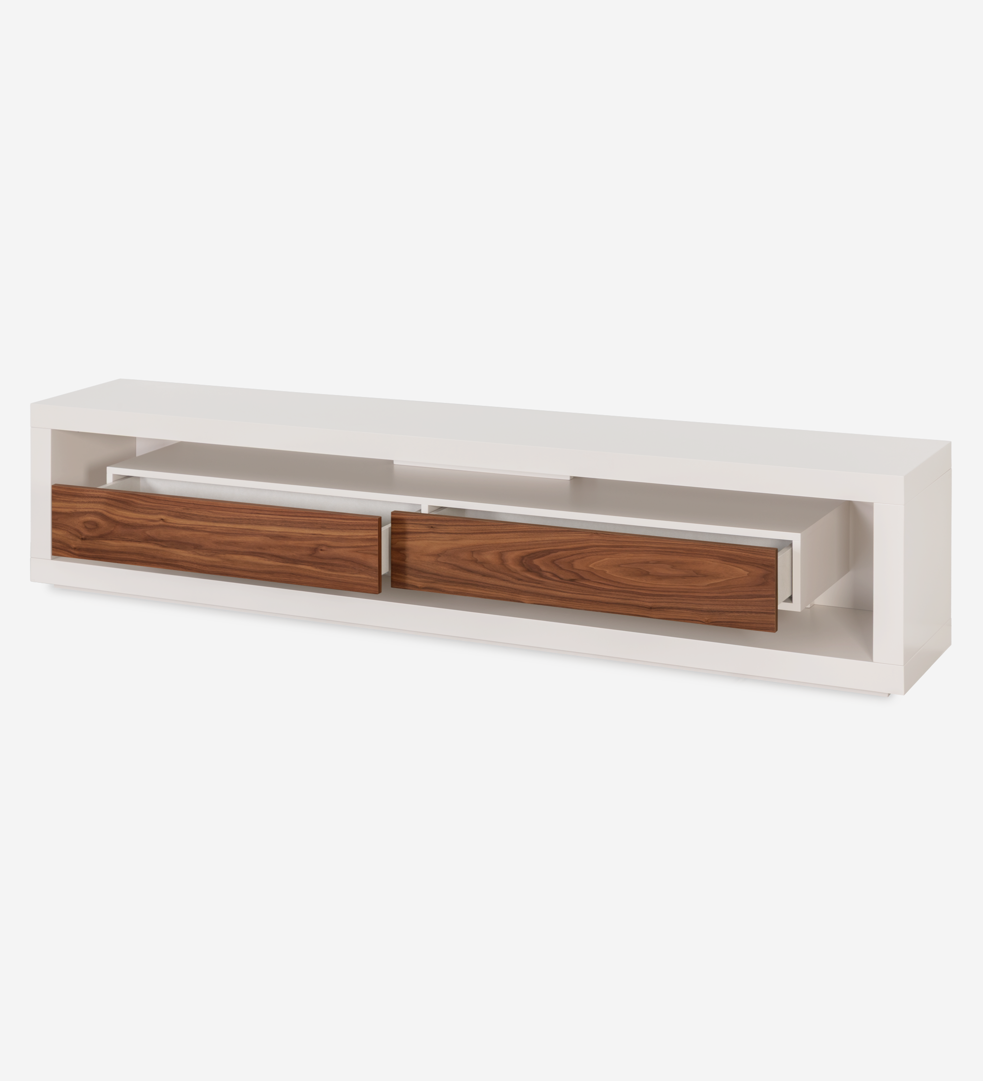 Móvel TV Londres com estrutura e módulo de gavetas lacados pérola, gavetas em nogueira natural, 250 x 56 cm.