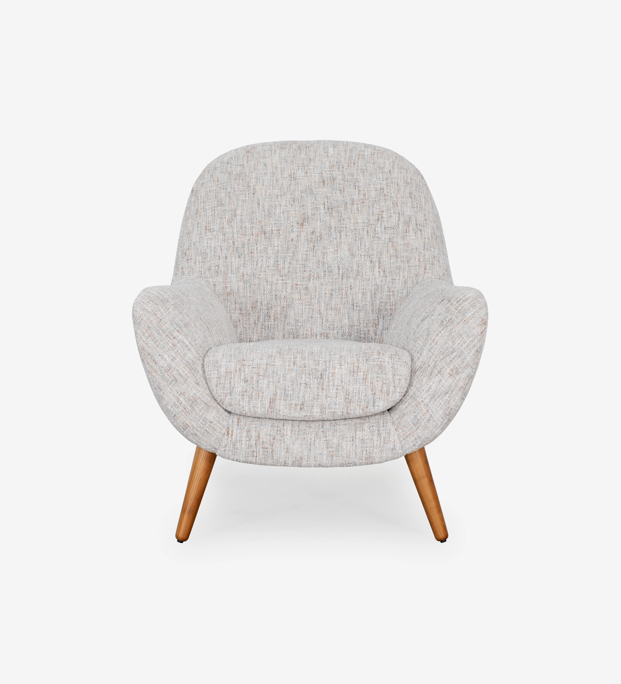 Oslo armchair upholstered in grey velvet-like fabric, with honey-coloured ash wood legs.