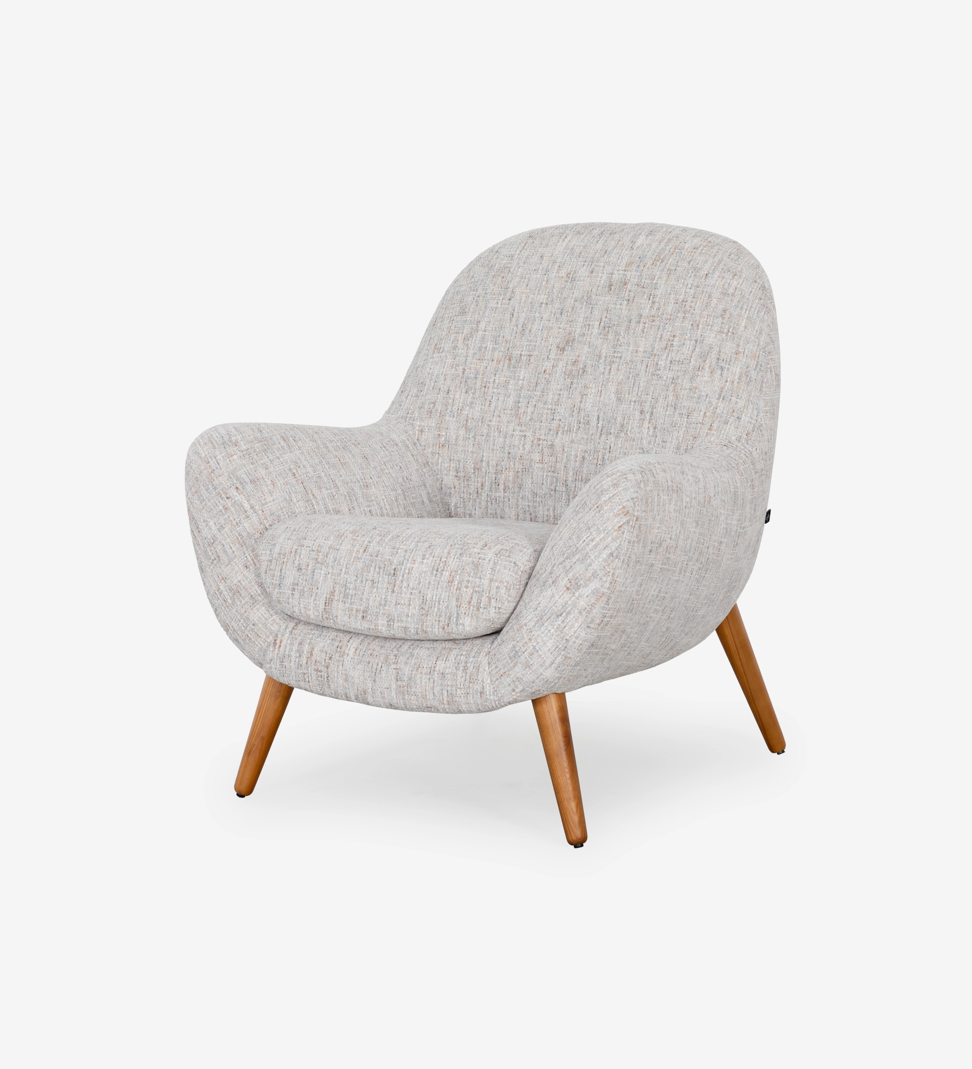 Oslo armchair upholstered in grey velvet-like fabric, with honey-coloured ash wood legs.