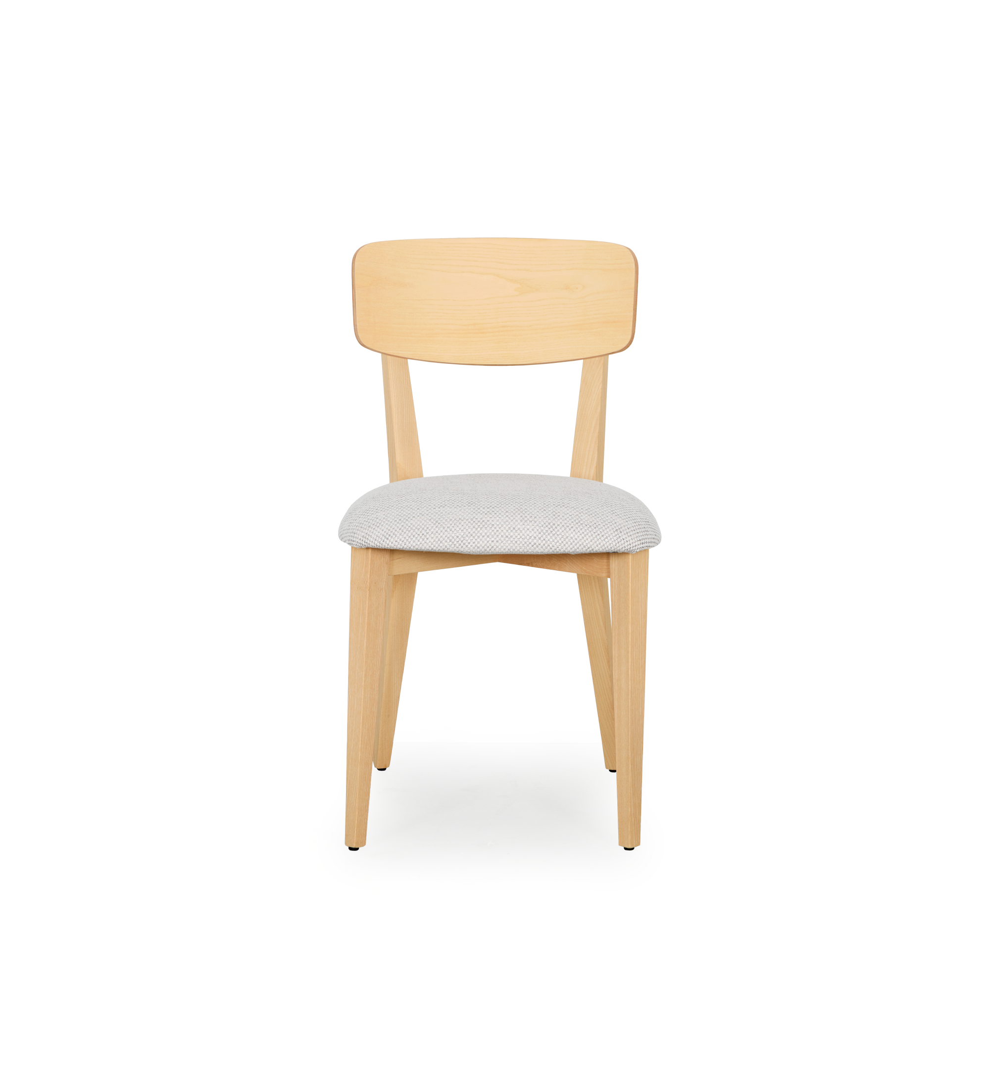 Chair in natural ash wood with light grey fabric upholstered seat.