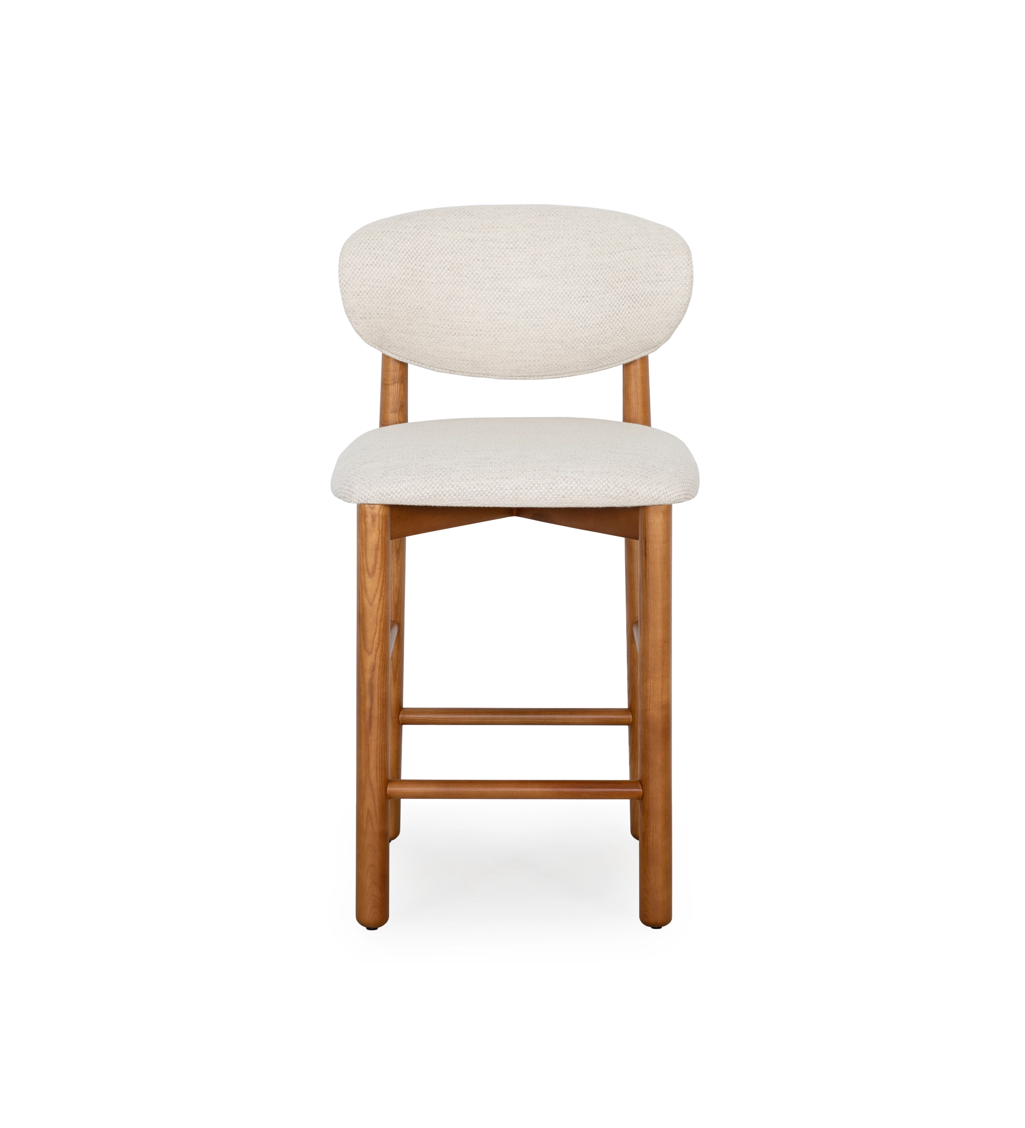 Tabouret en bois de frêne couleur miel, avec assise et dossier rembourrés en tissu beige. 