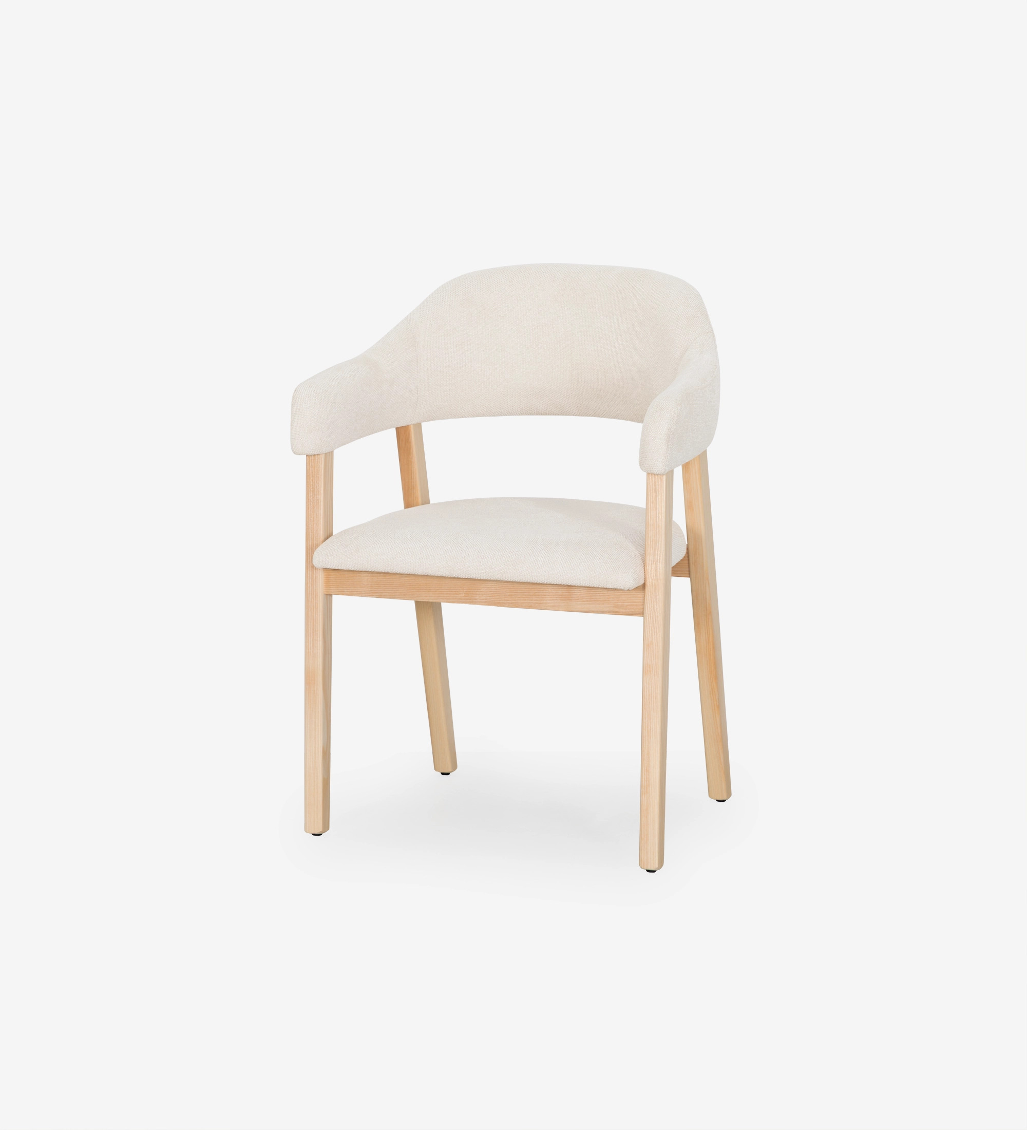 Silla con brazos, en madera de fresno natural, con asiento y respaldo tapizados en tela perla