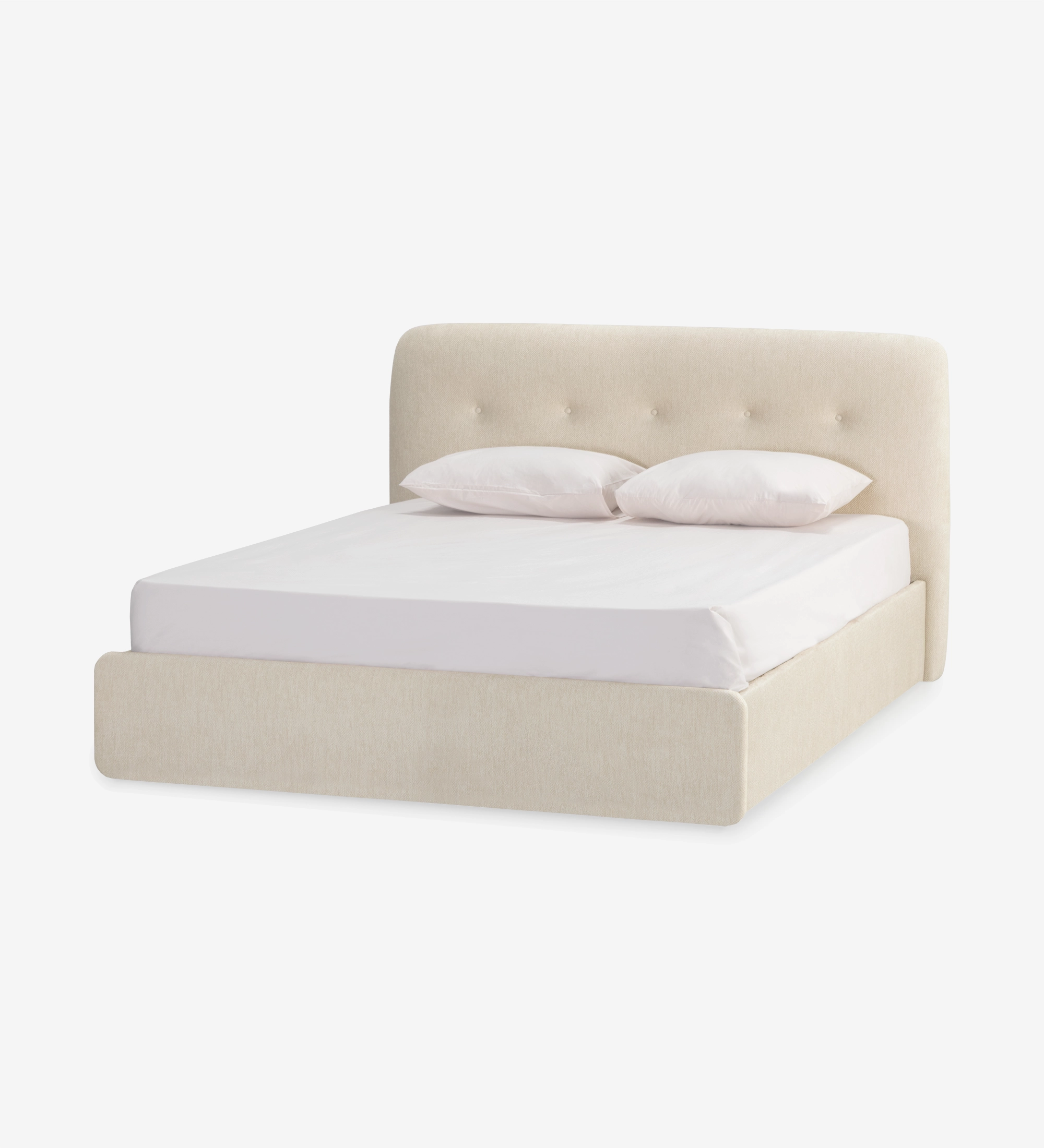 Cama doble con cabecero corto, tapizada en tela beige.