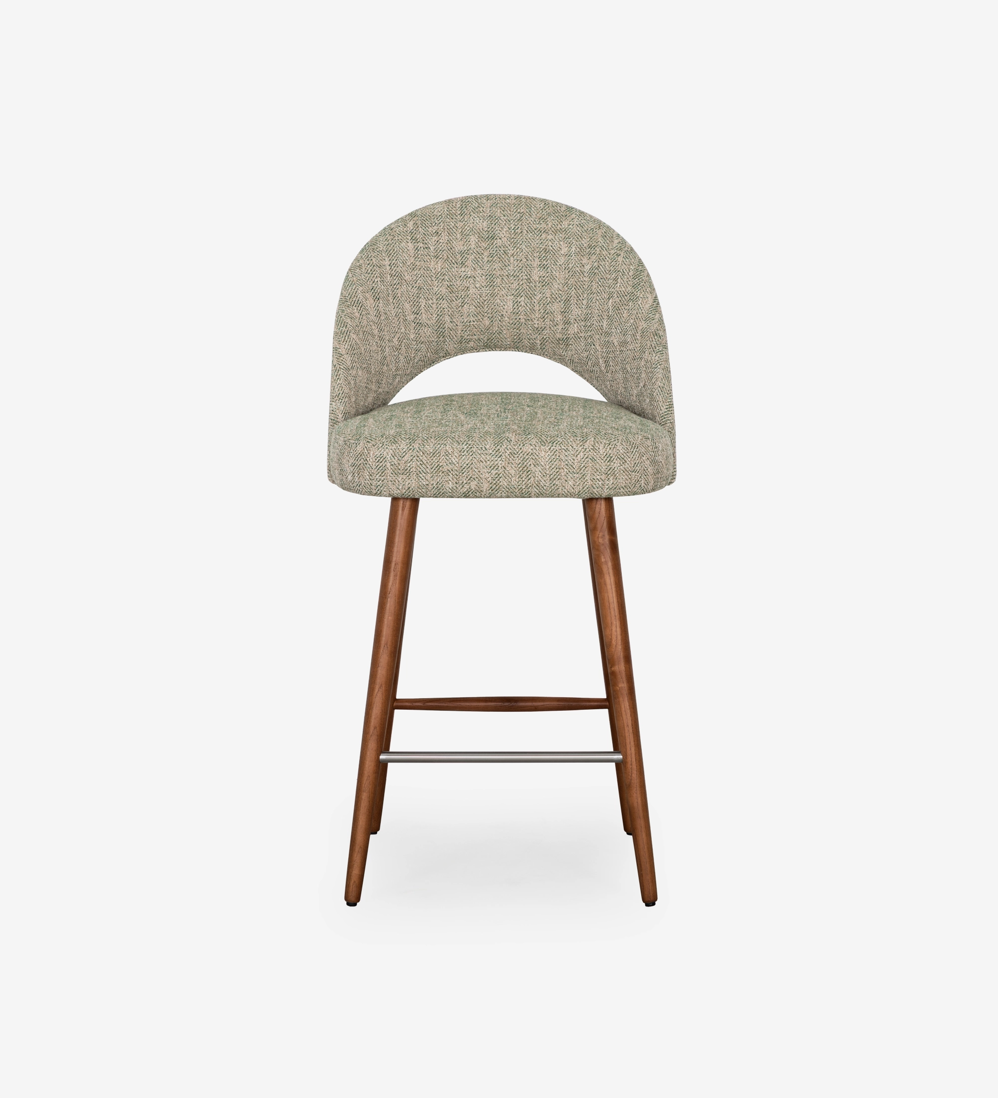 Stool upholstered in green fabric, with walnut-colored wood leg.