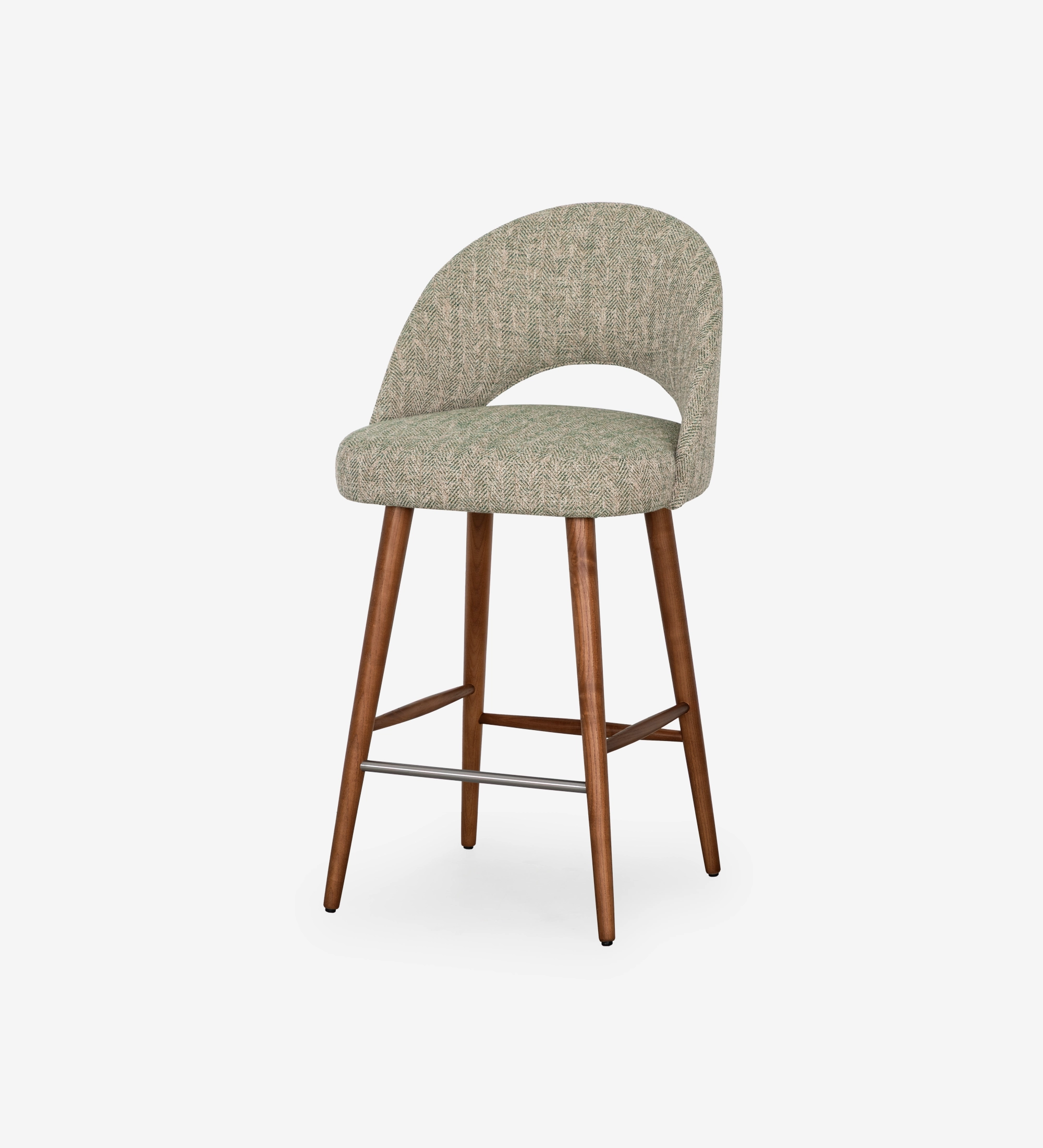 Stool upholstered in green fabric, with walnut-colored wood leg.