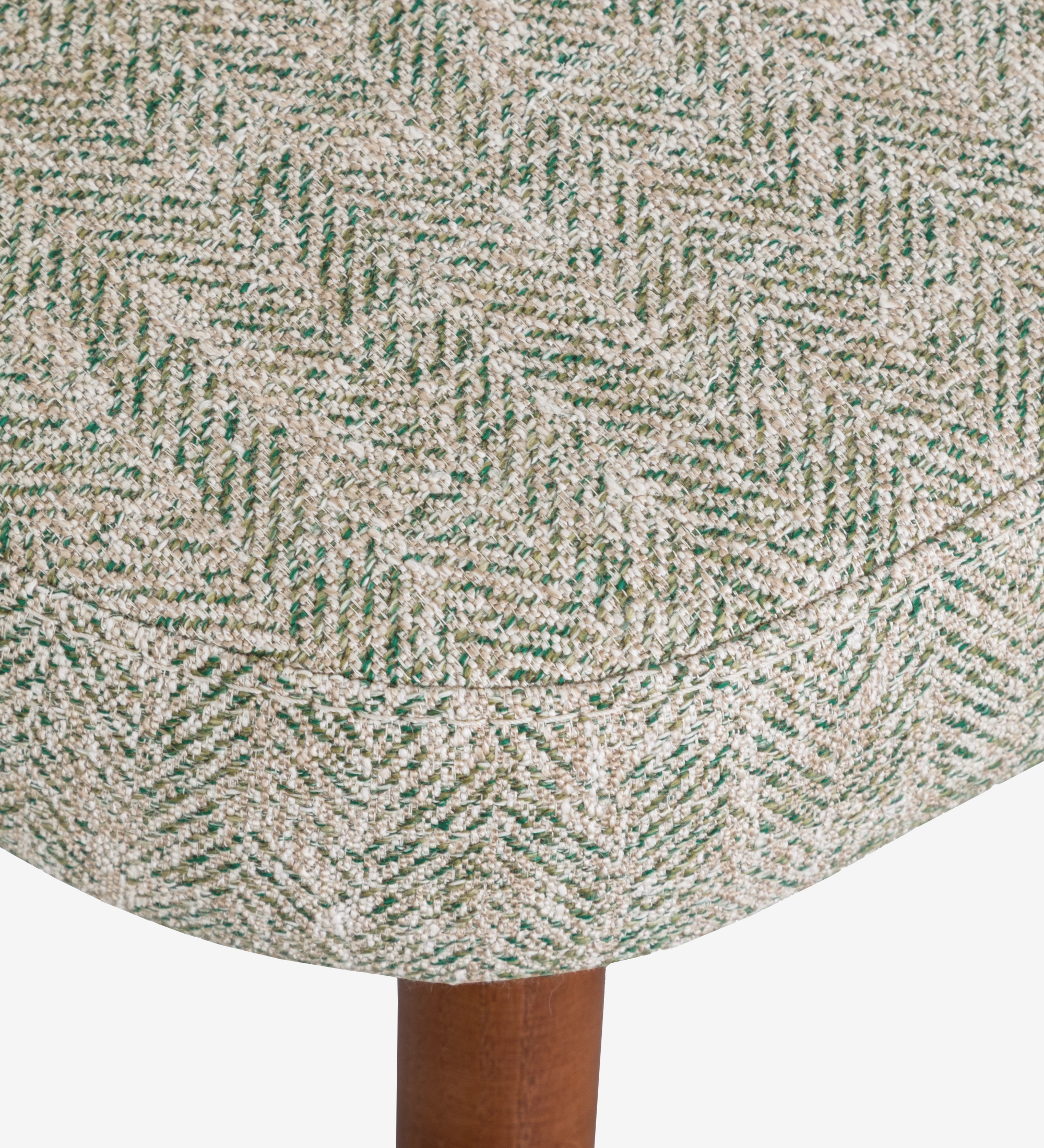 Stool upholstered in green fabric, with walnut-colored wood leg.