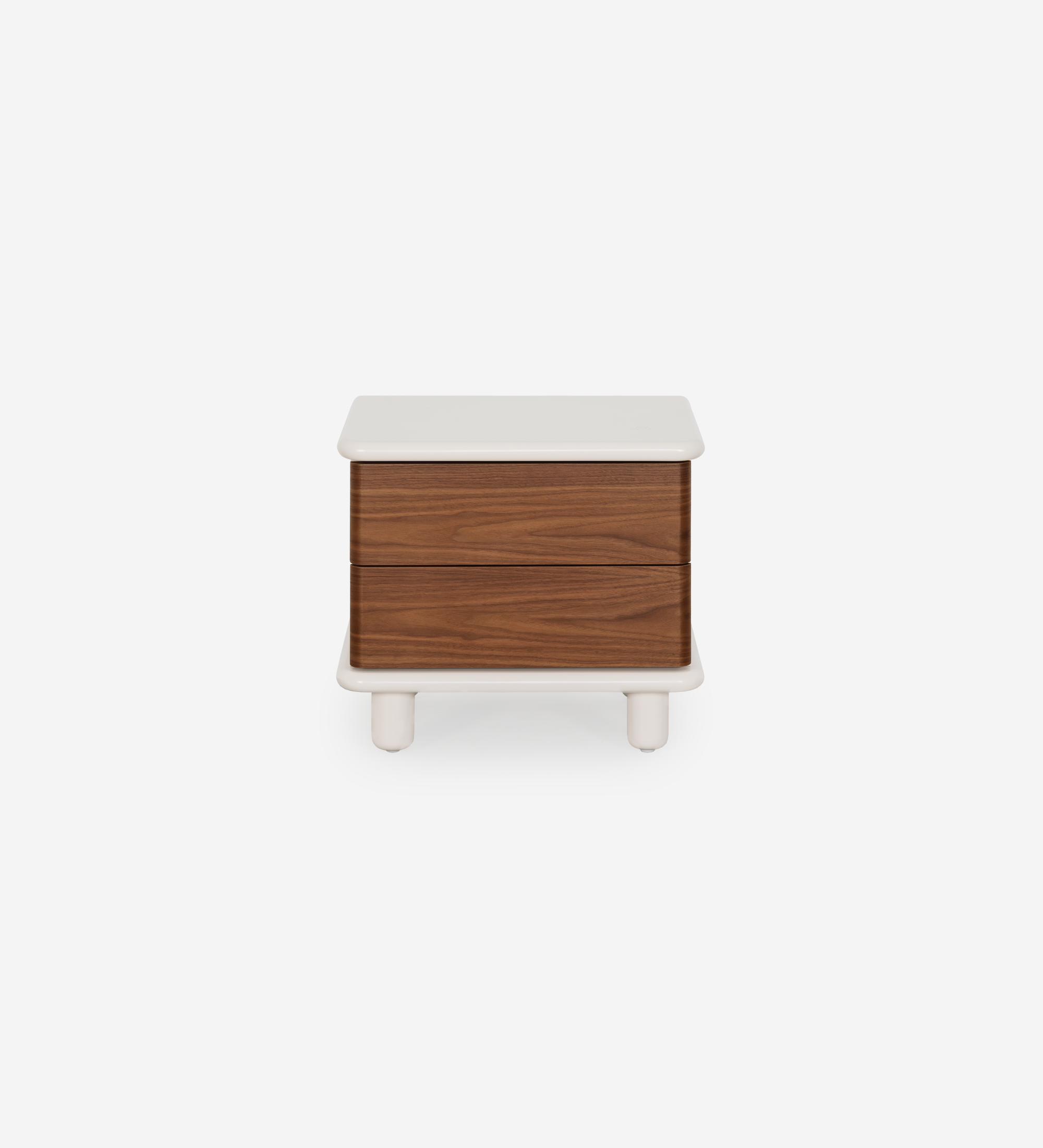 Bedside table with 2 drawers in natural walnut, pearl structure, and integrated wireless phone charger in the top.