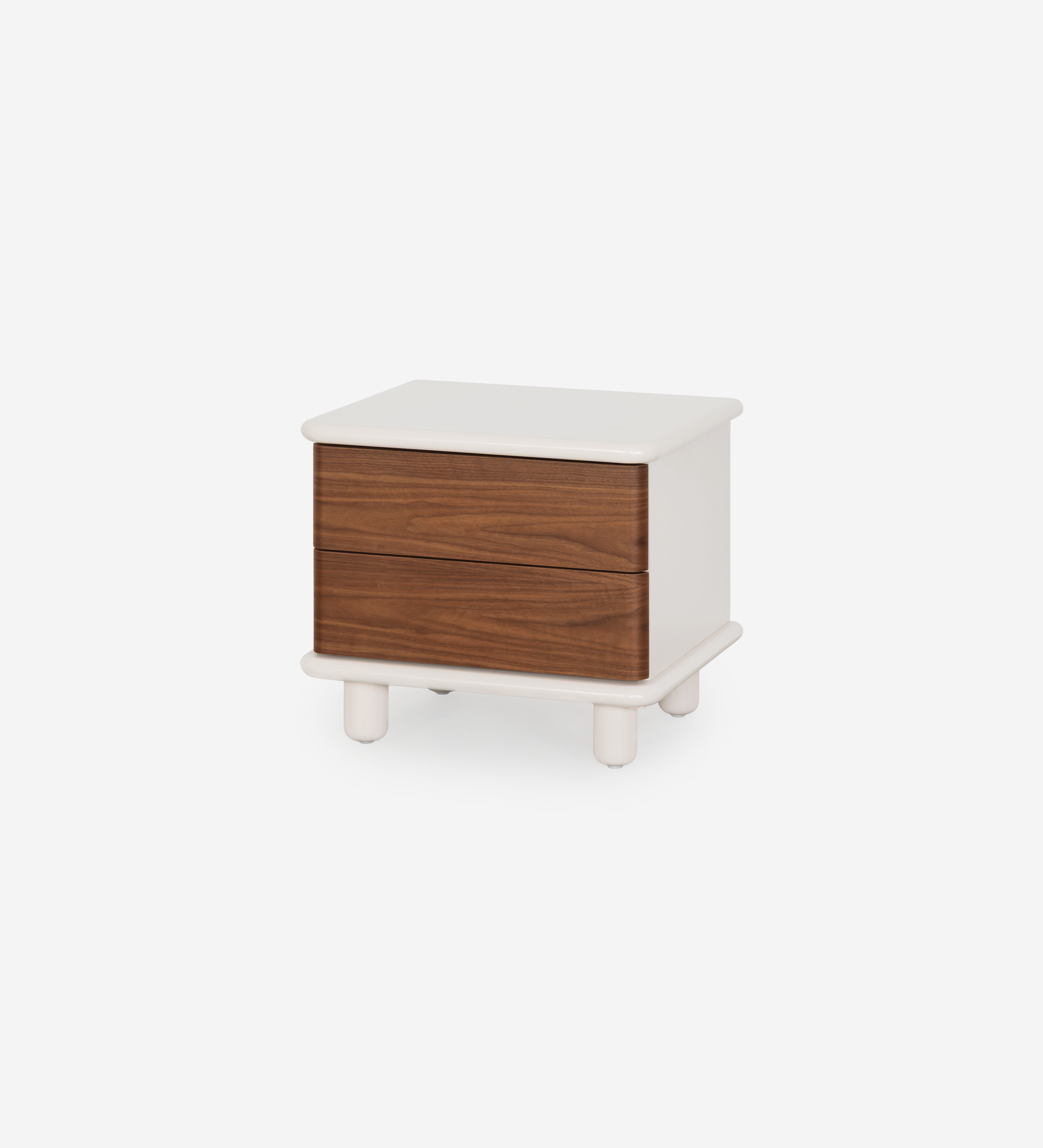 Bedside table with 2 drawers in natural walnut, pearl structure, and integrated wireless phone charger in the top.