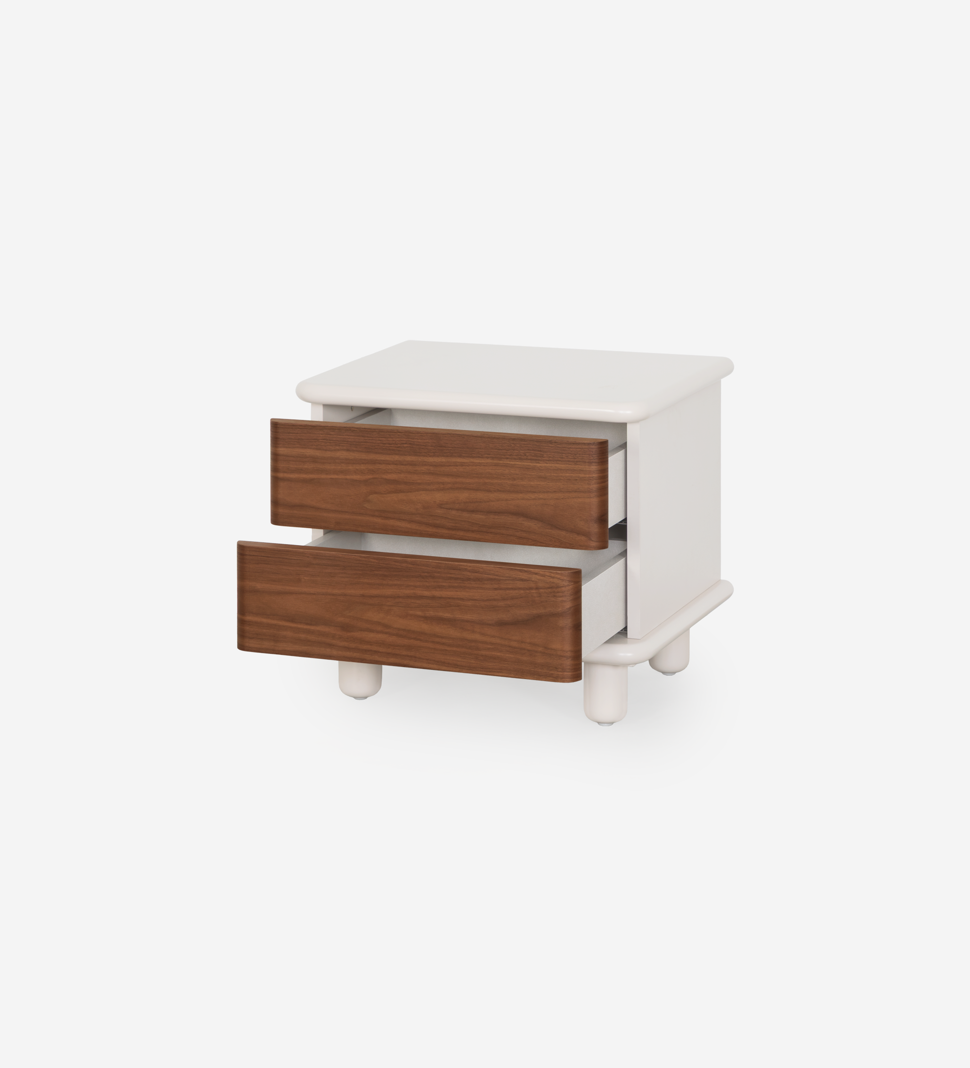 Bedside table with 2 drawers in natural walnut, pearl structure, and integrated wireless phone charger in the top.