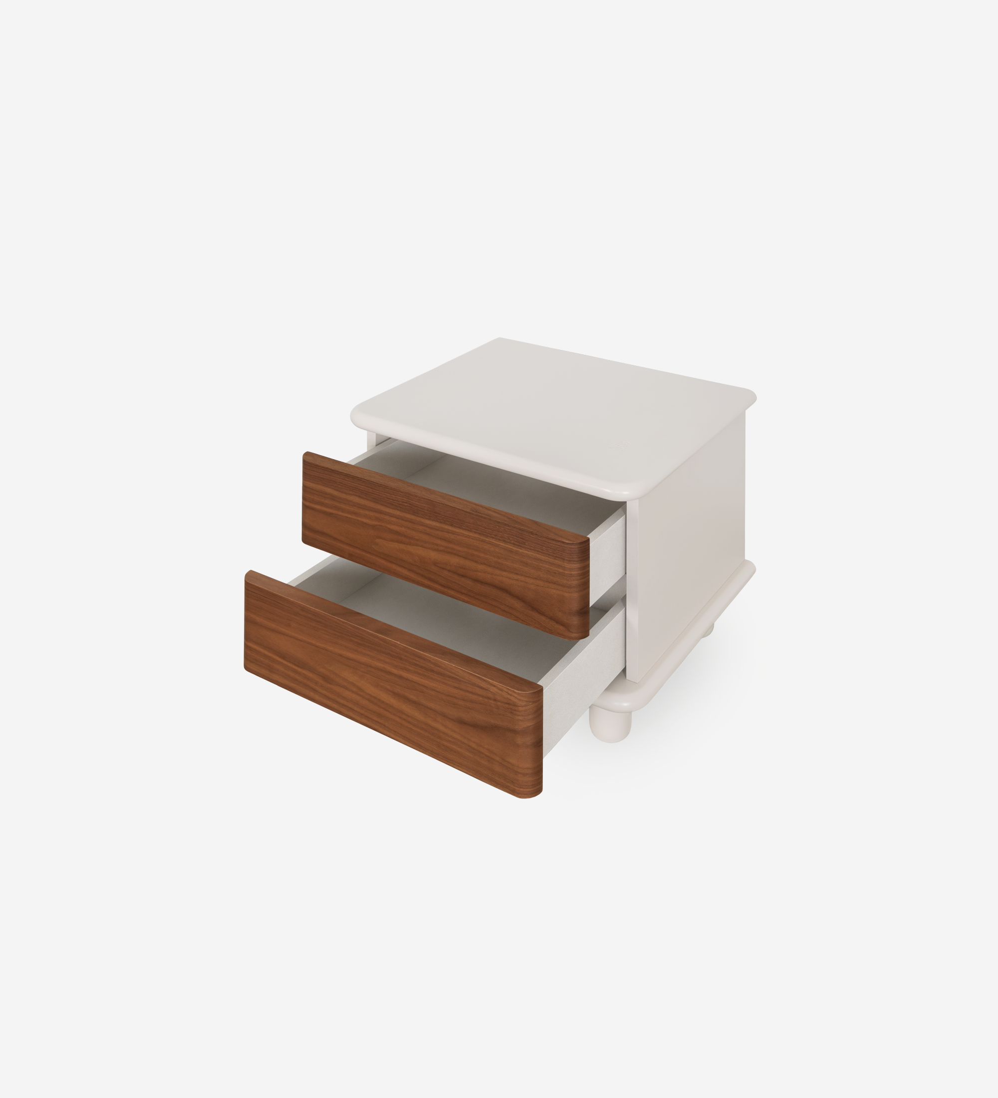 Bedside table with 2 drawers in natural walnut, pearl structure, and integrated wireless phone charger in the top.