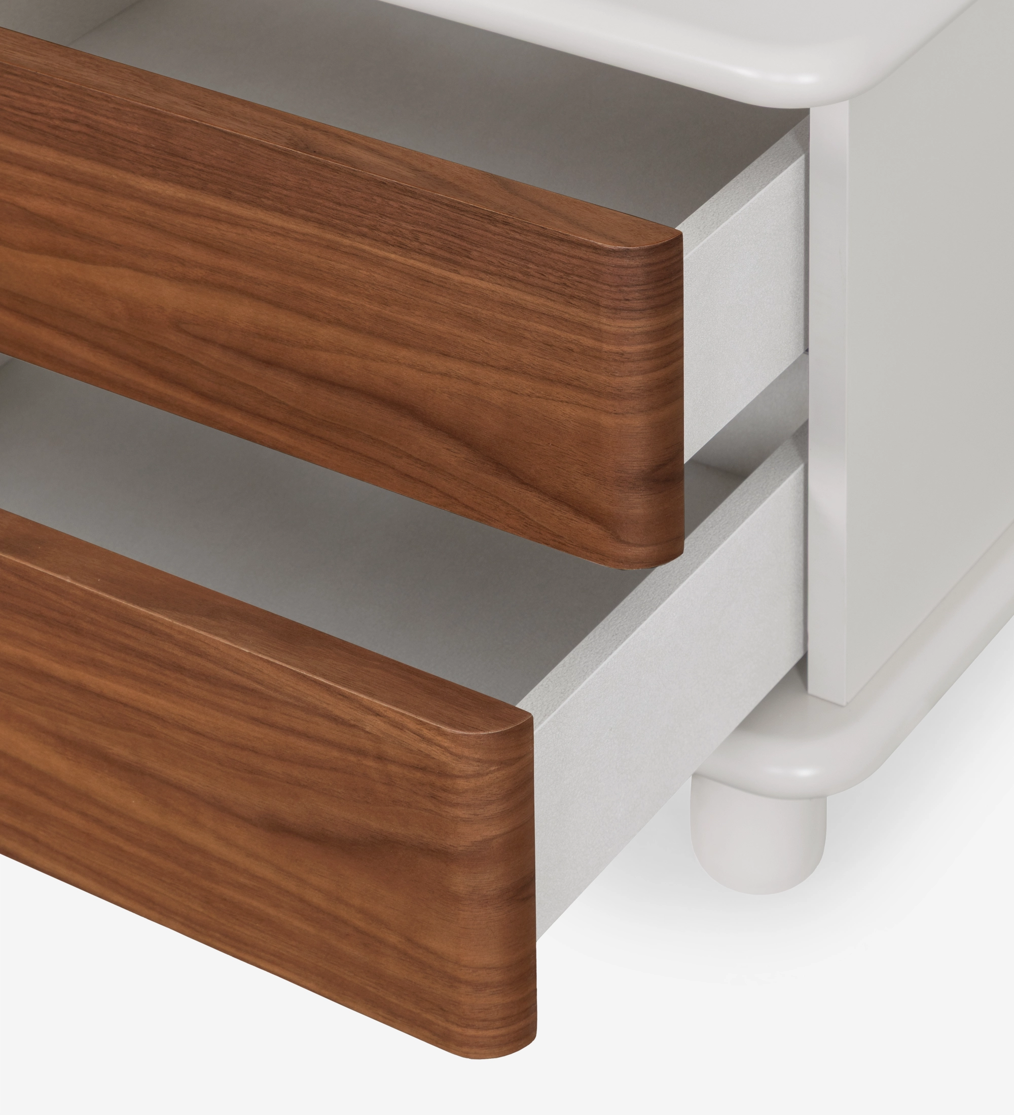 Bedside table with 2 drawers in natural walnut, pearl structure, and integrated wireless phone charger in the top.