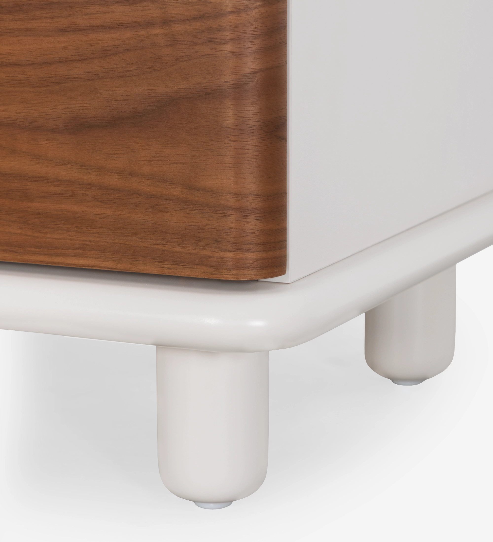 Bedside table with 2 drawers in natural walnut, pearl structure, and integrated wireless phone charger in the top.