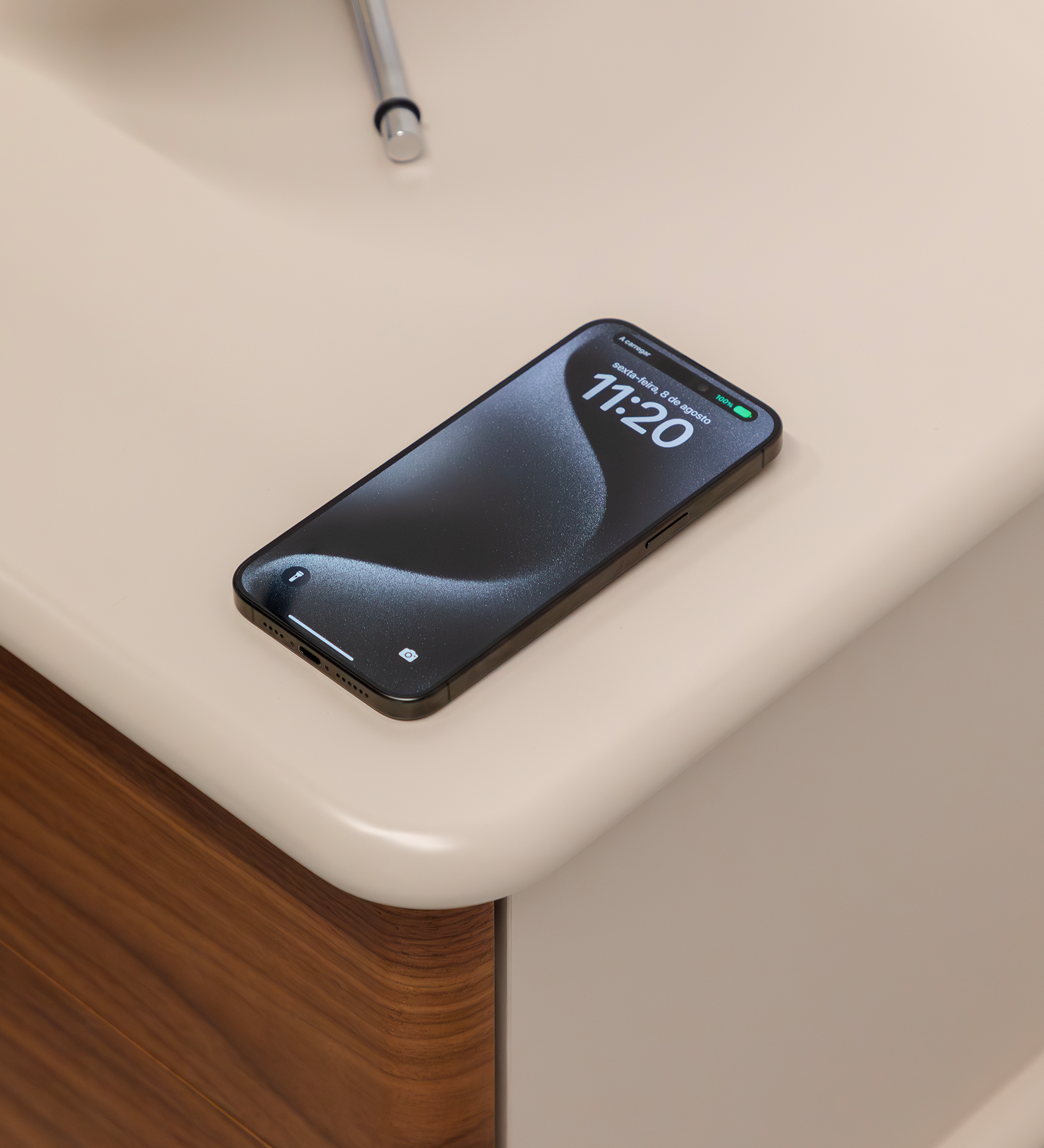 Bedside table with 2 drawers in natural walnut, pearl structure, and integrated wireless phone charger in the top.