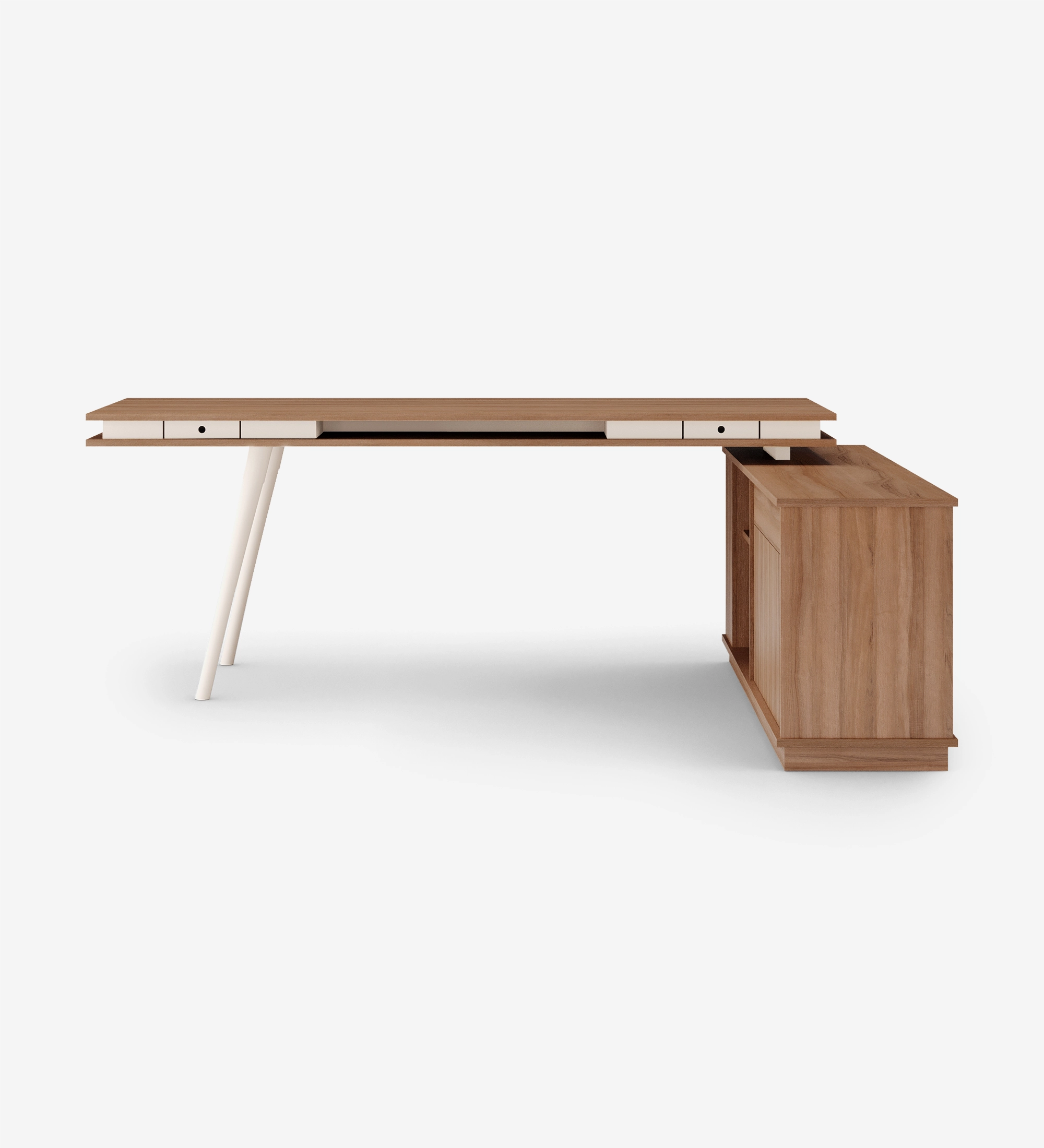 Oslo desk with walnut top, dark brown lacquered feet, with side unit with 2 doors and 1 drawer in walnut, 200 x 80 cm.