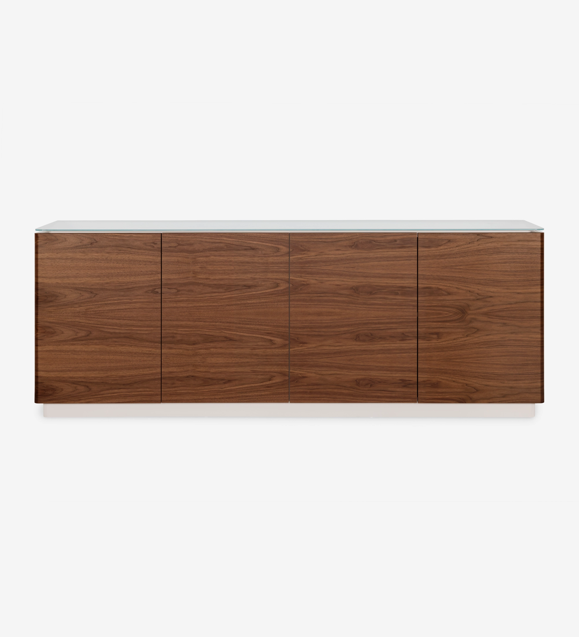 Sideboard with 4 doors in natural walnut, 2 drawers, glass top and pearl lacquered structure.