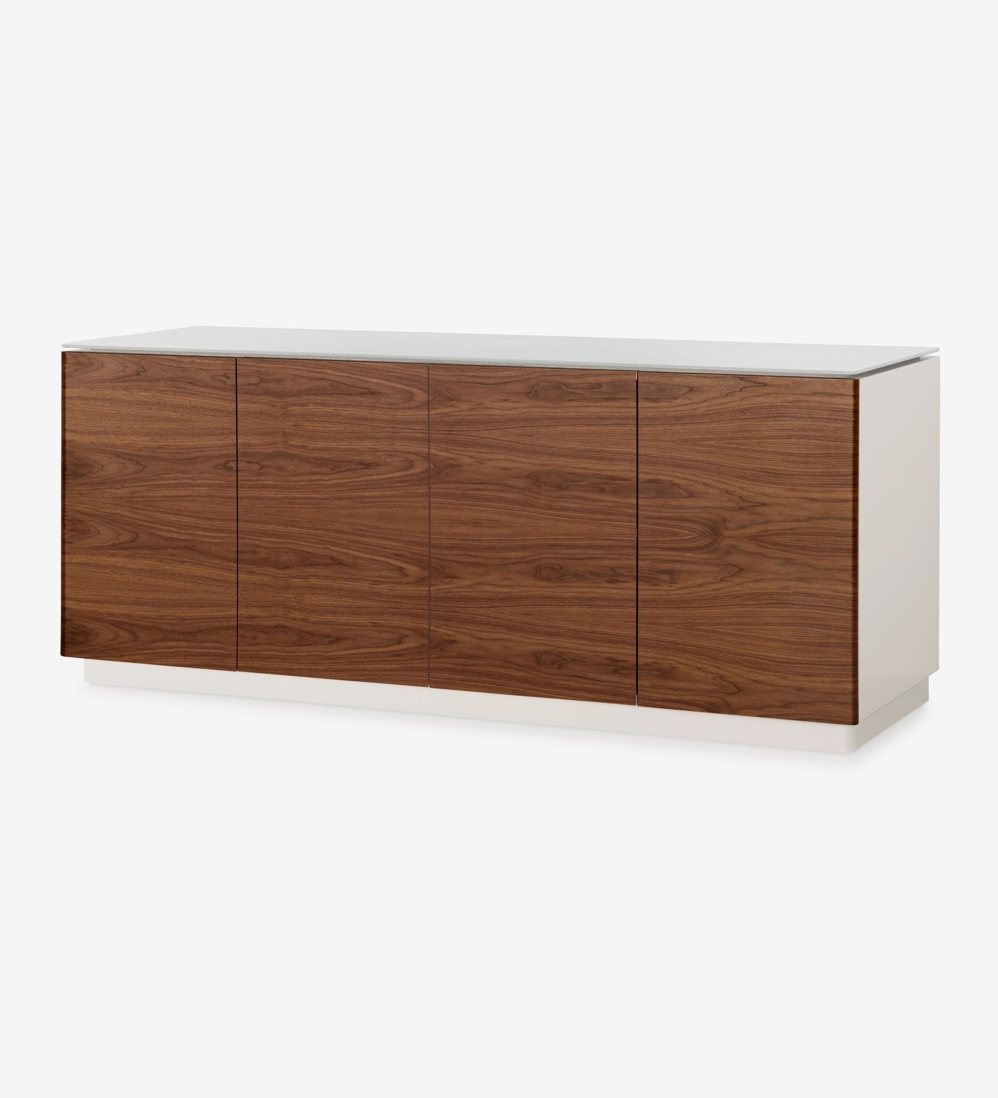 Sideboard with 4 doors in natural walnut, 2 drawers, glass top and pearl lacquered structure.