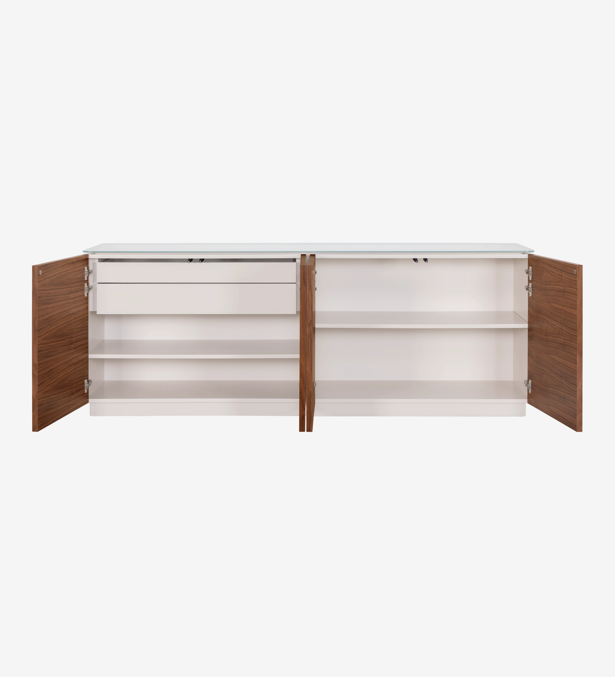 Sideboard with 4 doors in natural walnut, 2 drawers, glass top and pearl lacquered structure.