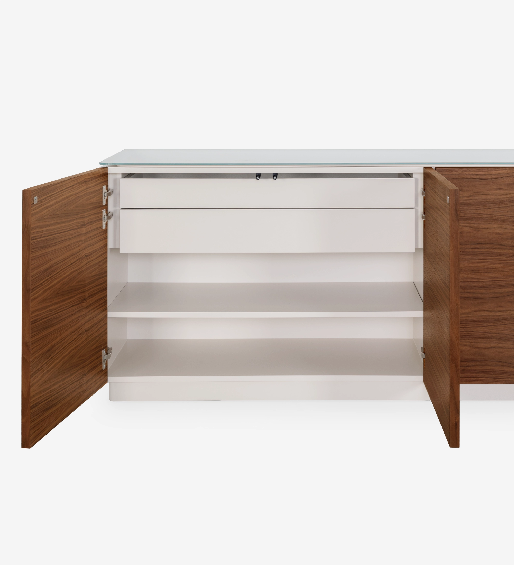 Sideboard with 4 doors in natural walnut, 2 drawers, glass top and pearl lacquered structure.