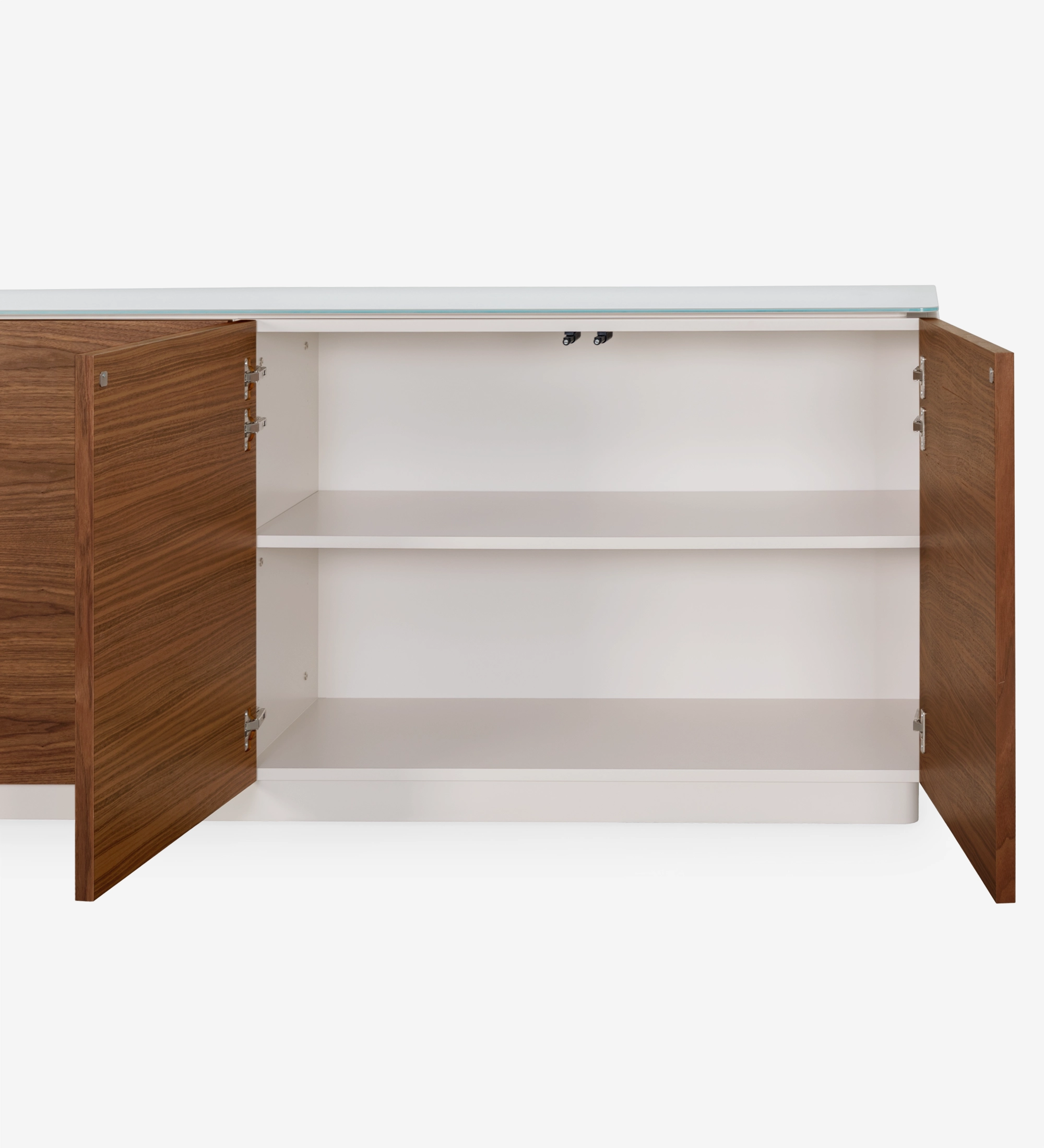 Sideboard with 4 doors in natural walnut, 2 drawers, glass top and pearl lacquered structure.