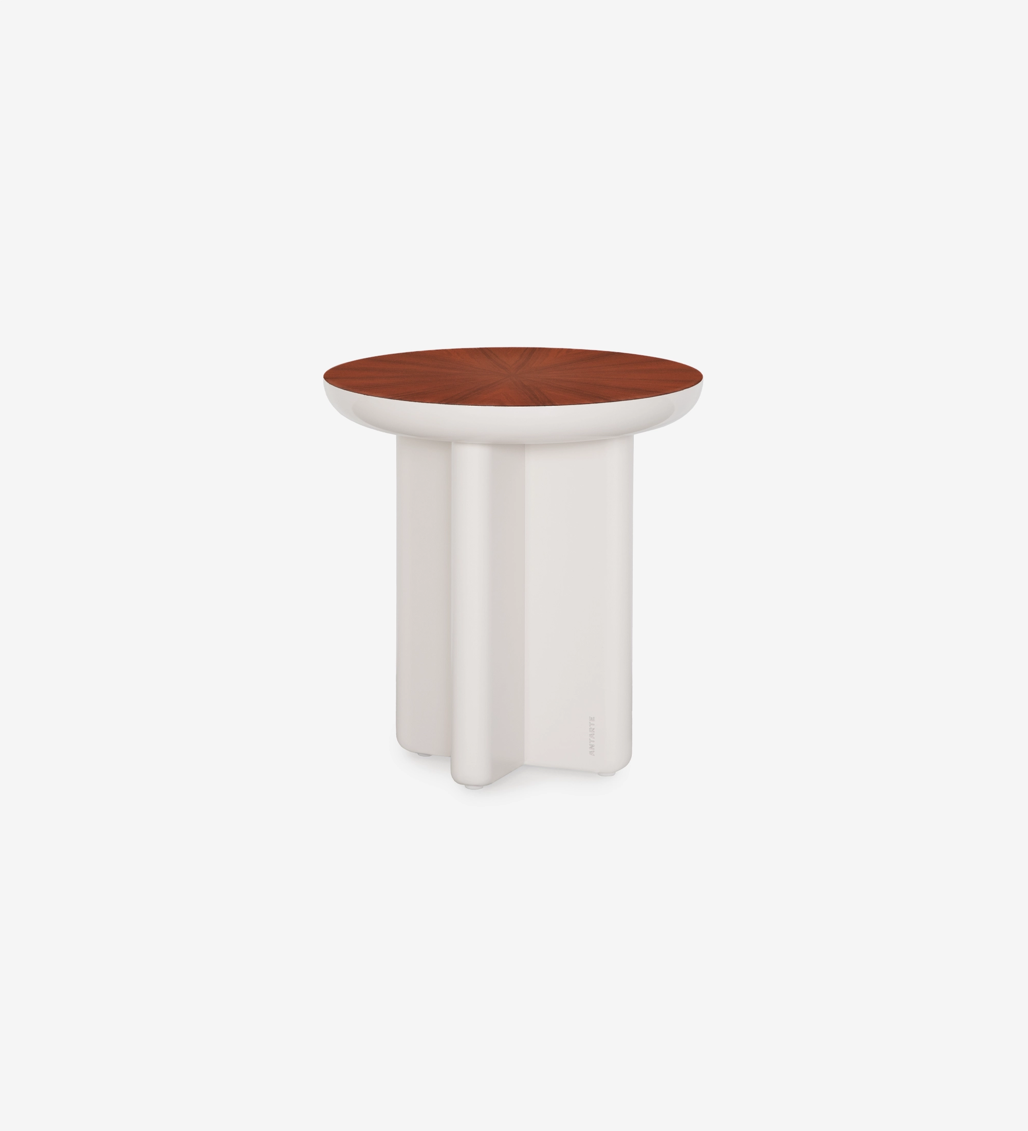 Mesa Auxiliar Mónaco con tapa circular de madera oscura y base blanca escultórica