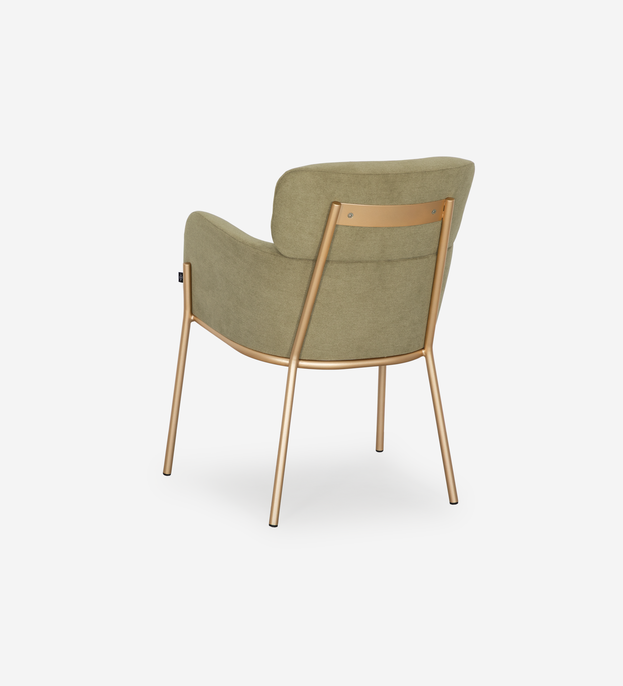 Chaise Cannes en tissu vert olive avec structure métallique dorée, vue de dos