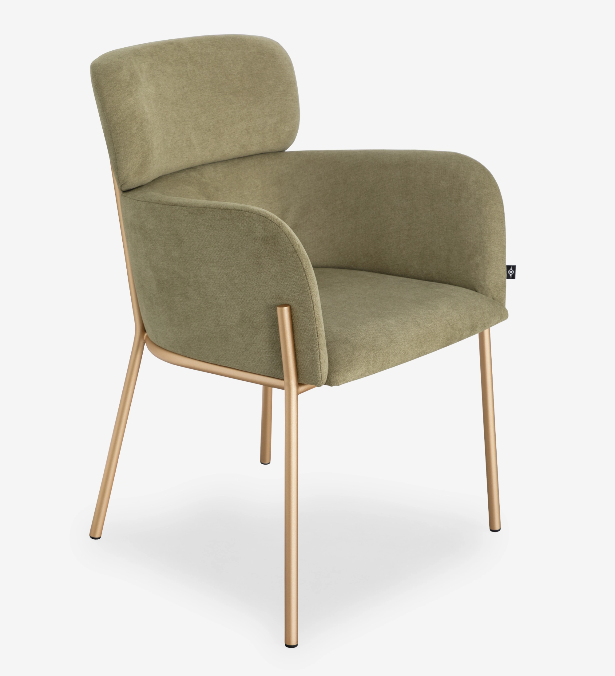 Chaise Cannes vert olive, dossier et accoudoirs rembourrés, pieds métal doré