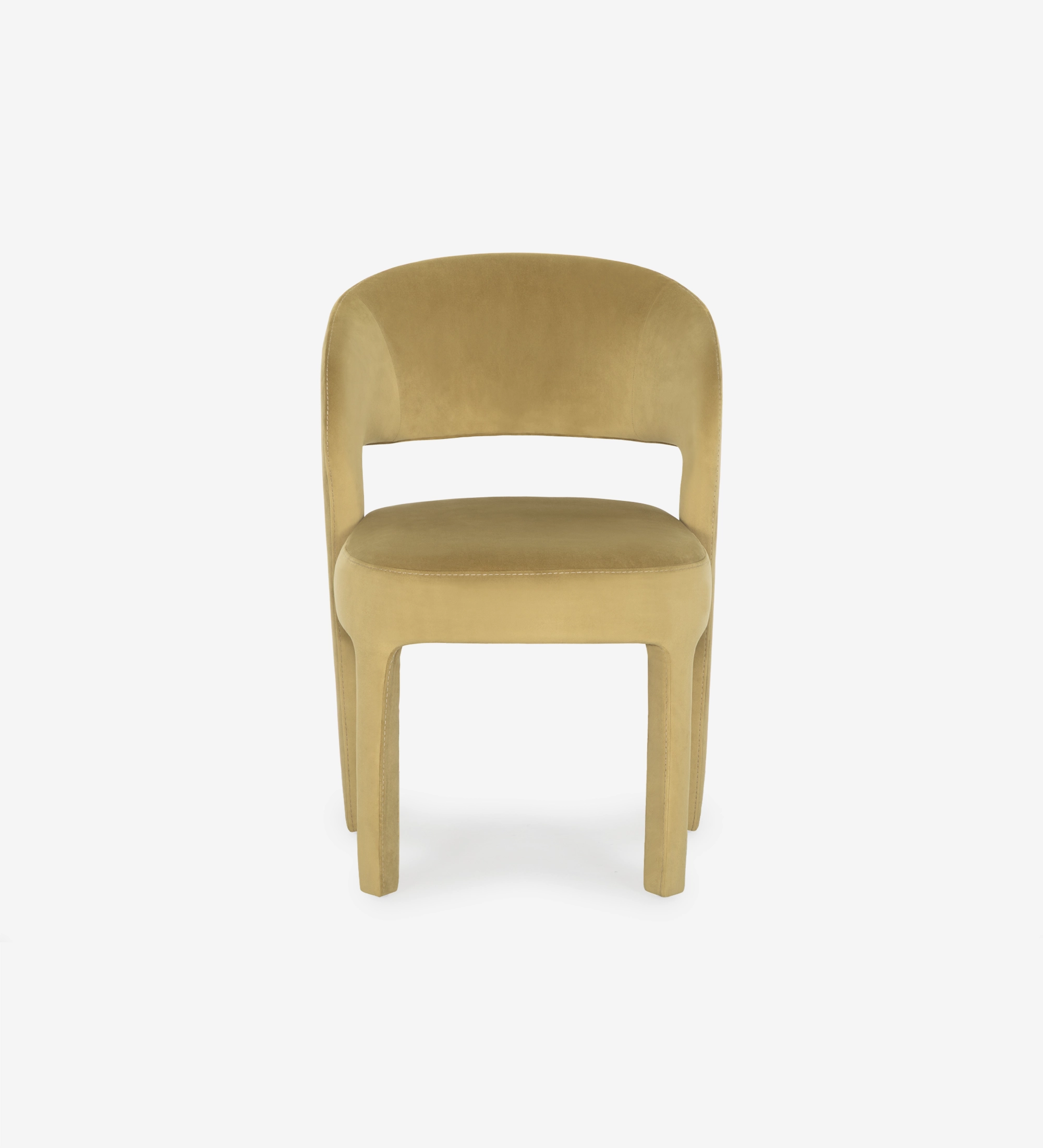 Chaise Mónaco en velours jaune moutarde, dossier arrondi et ouverture arrière