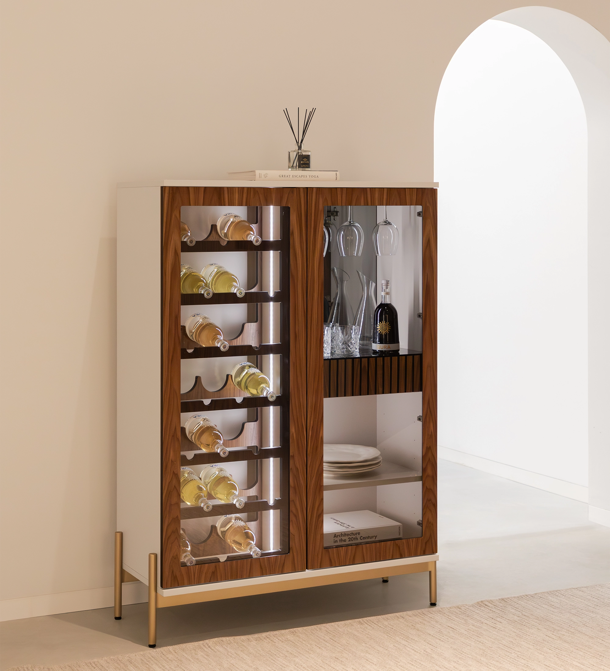 Cannes Wine Cellar wooden cabinet with glass doors displaying wine bottles and glassware
